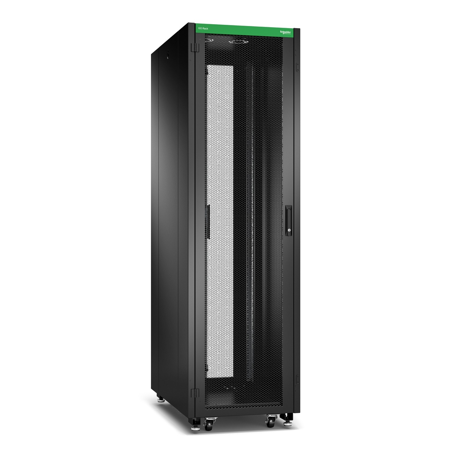 Schneider GO Rack 42U Siyah Delikli kapaklı Tavan Tekerlekler 4 Braket Yan Panel ve Alt 2100H x 600W x 1000D mm