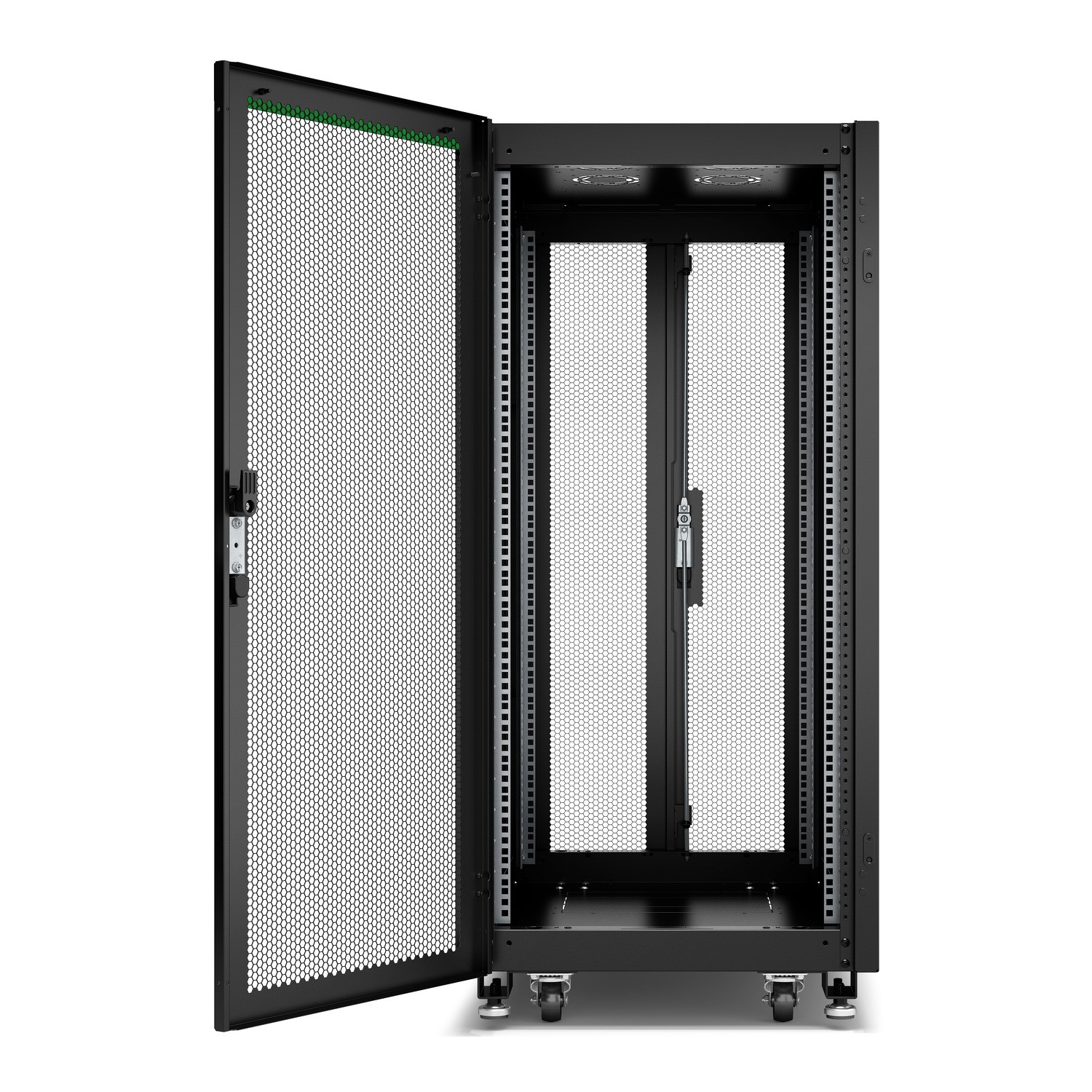 Schneider GO Rack 24U, Siyah, Delikli kapaklı, Tavan, Tekerlekler, 4 Braket, Yan Panel ve Alt, 1300H x 600W x 1000D mm