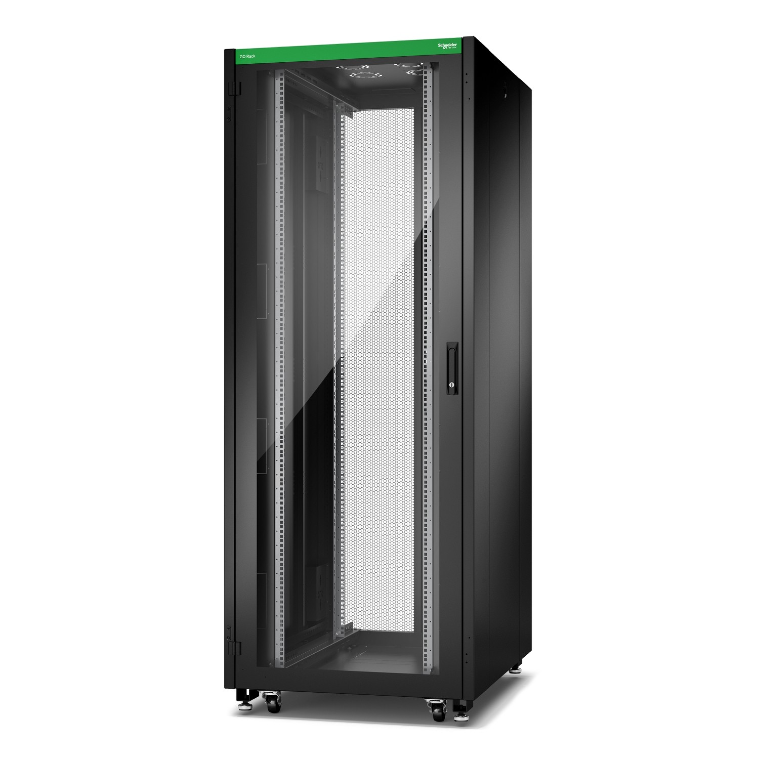 Schneider GO Rack 42U Siyah Cam Kapılı Tavan Tekerlekler 4 Braket Yan Panel ve Alt 2100H x 800W x 1000D mm