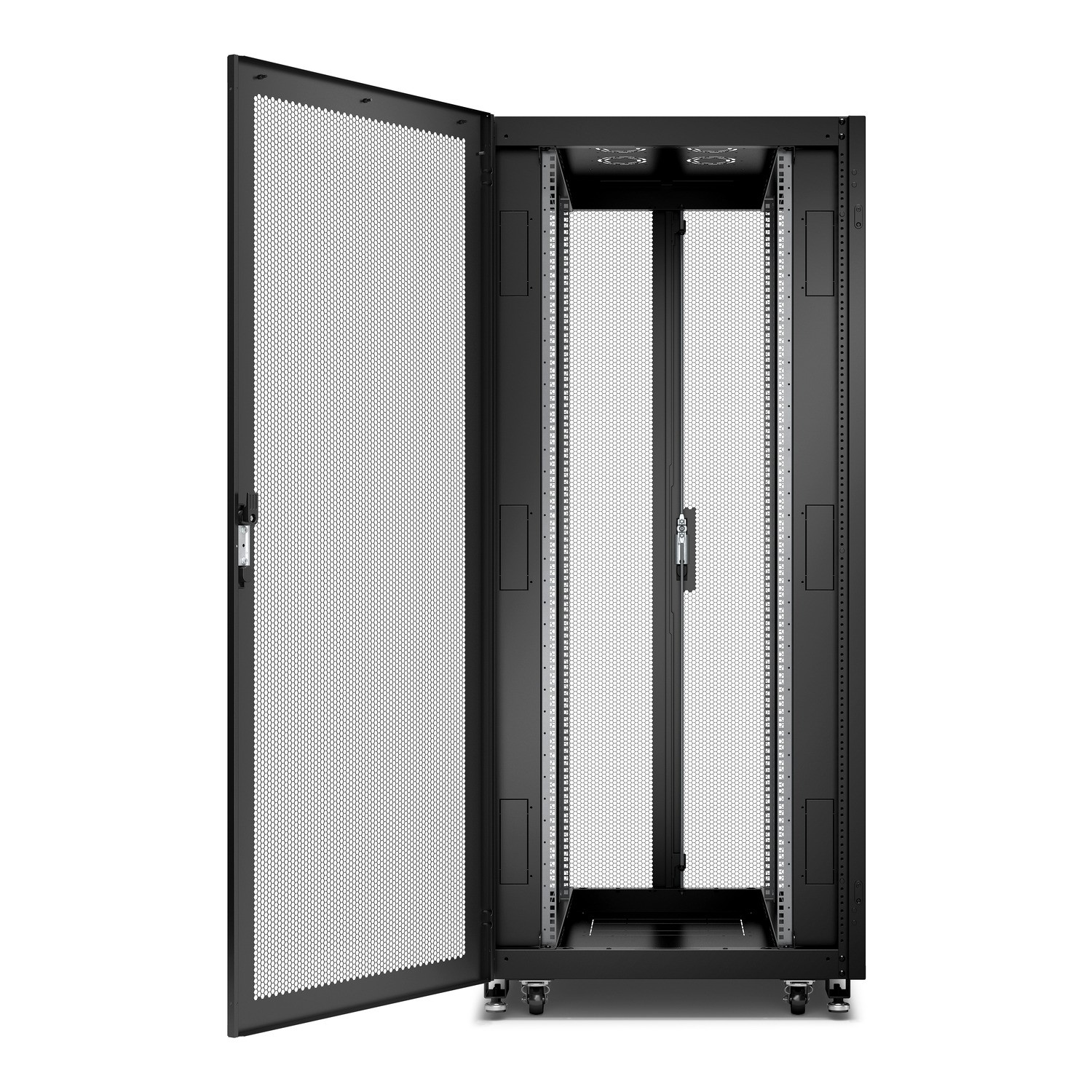 Schneider GO Rack 36U, Siyah, Delikli kapaklı, Tavan, Tekerlekler, 4 Braket, Yan Panel ve Alt, 1835H x 800W x 800D mm