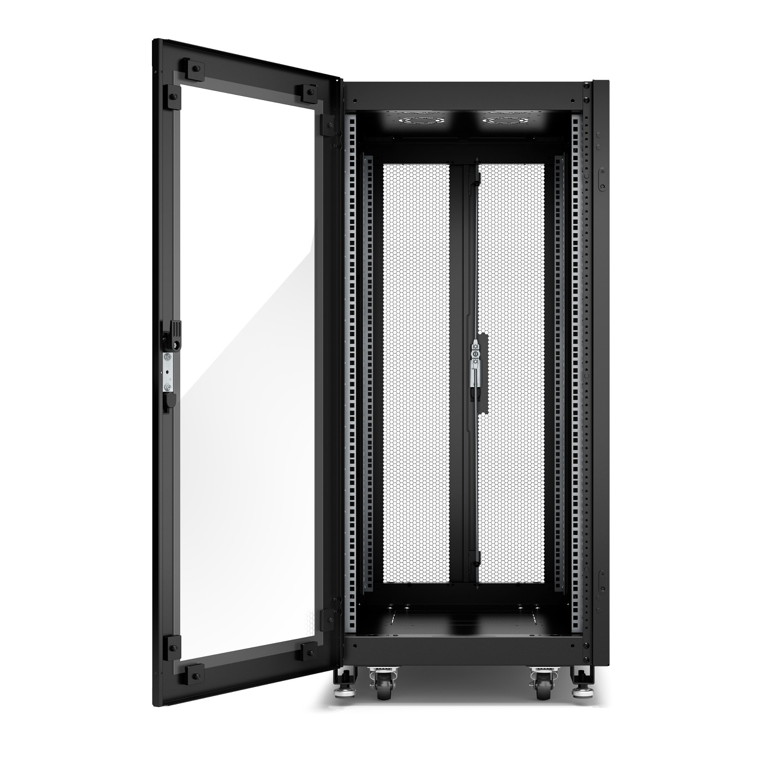 Schneider GO Rack 24U, Siyah, Cam kapılı, Tavanlı, Tekerlekli, 4 Braketli, Yan Panel ve Alt, 1300H x 600W x 800D mm