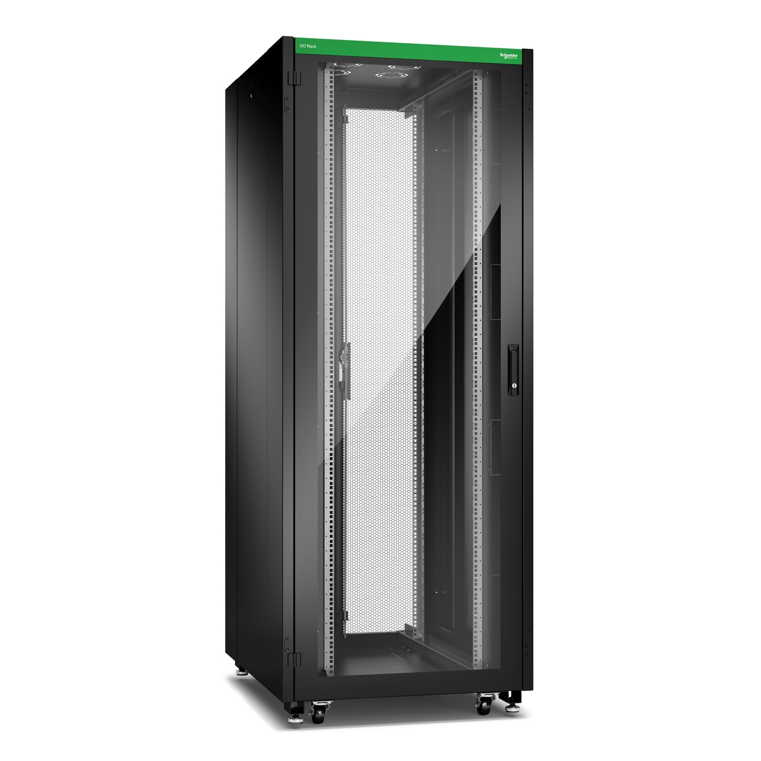 Schneider GO Rack 42U Siyah Cam Kapılı Tavan Tekerlekler 4 Braket Yan Panel ve Alt 2100H x 800W x 1000D mm