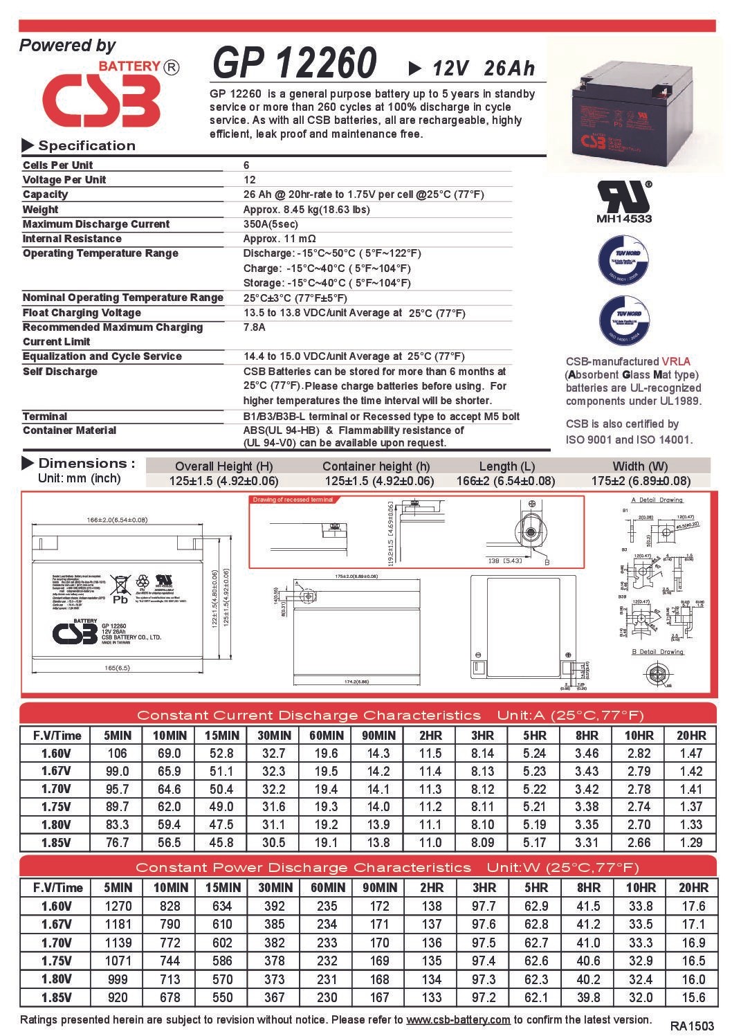 CSB GP12260 12Volt 26Ah Kuru Tip Akü