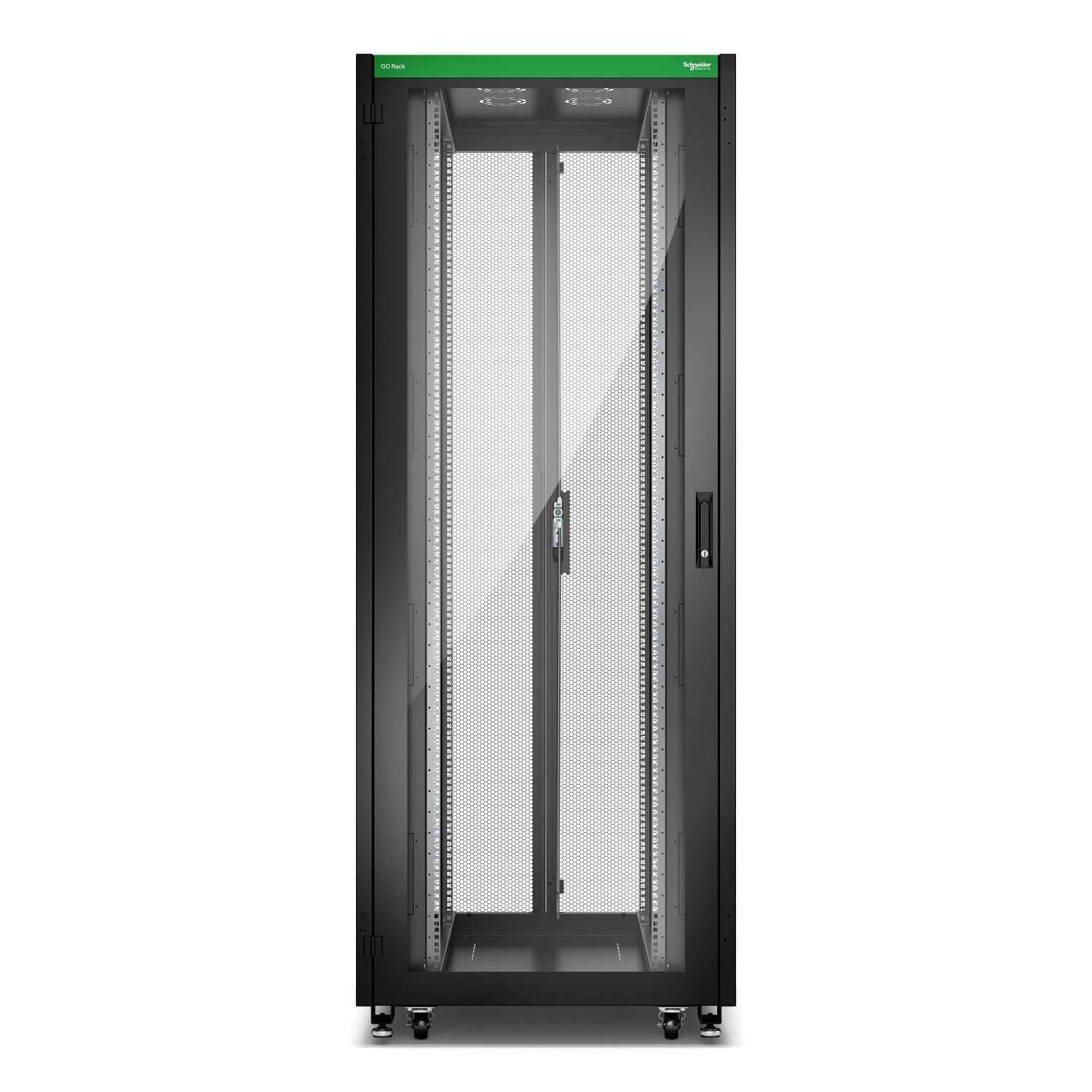 Schneider GO Rack 42U Siyah Cam Kapılı Tavan Tekerlekler 4 Braket Yan Panel ve Alt 2100H x 800W x 1000D mm