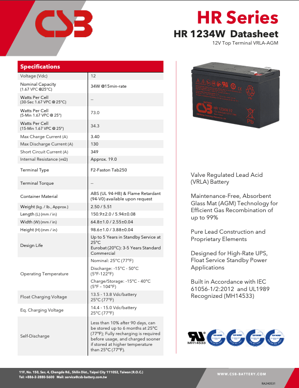 CSB HR1234W F2 12Volt 9Ah Kuru Tip Akü