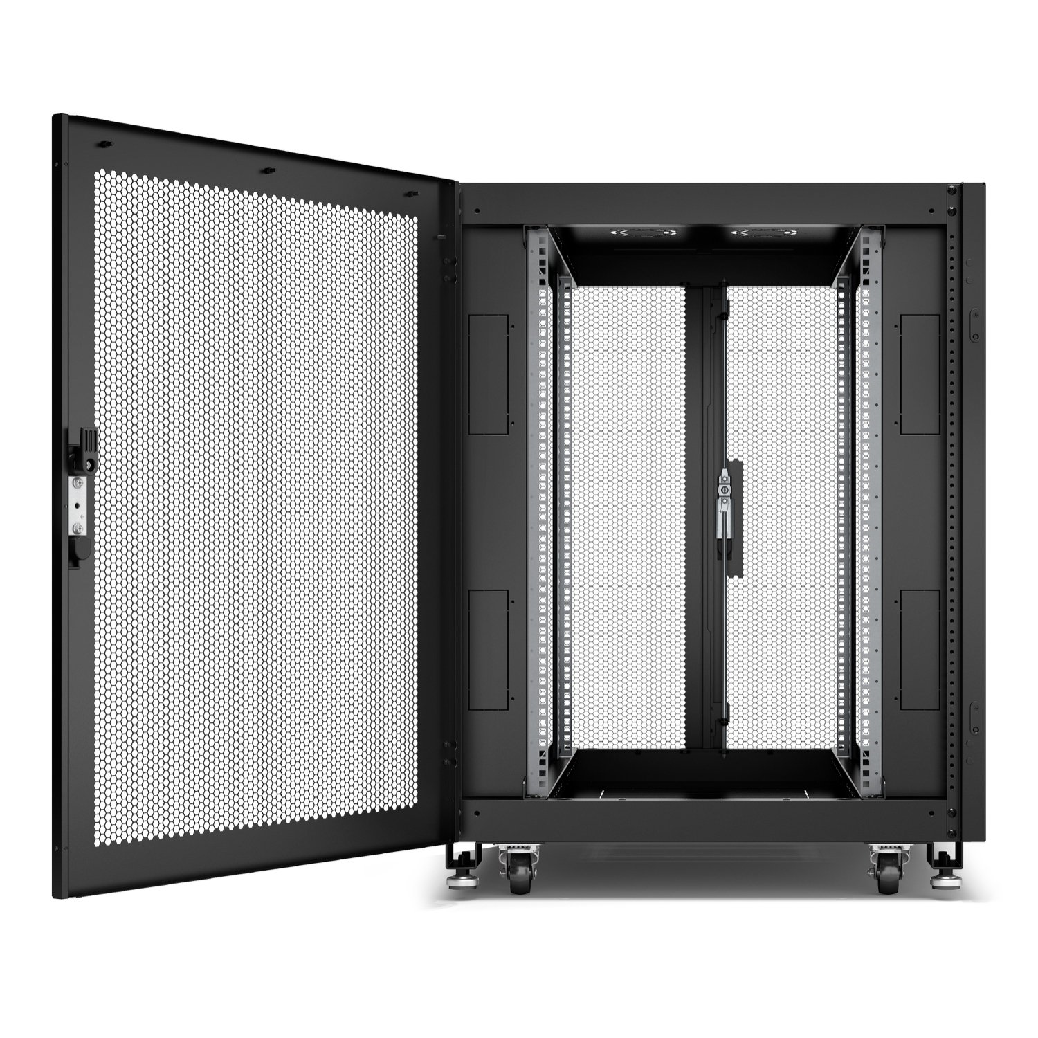 Schneider GO Rack 18U, Siyah, Cam kapılı, Tavanlı, Tekerlekli, 4 Braketli, Yan Panel ve Alt, 1035H x 800W x 800D mm