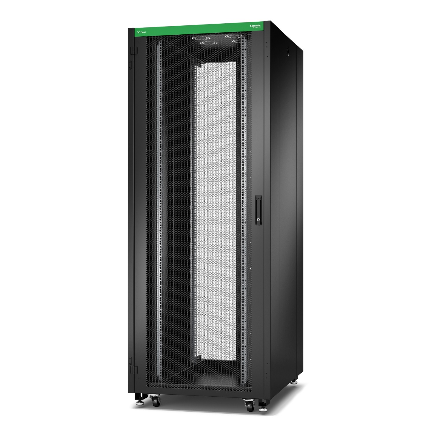 Schneider GO Rack 42U Siyah Delikli kapaklı Tavan Tekerlekler 4 Braket Yan Panel ve Alt 2100H x 800W x 1000D mm