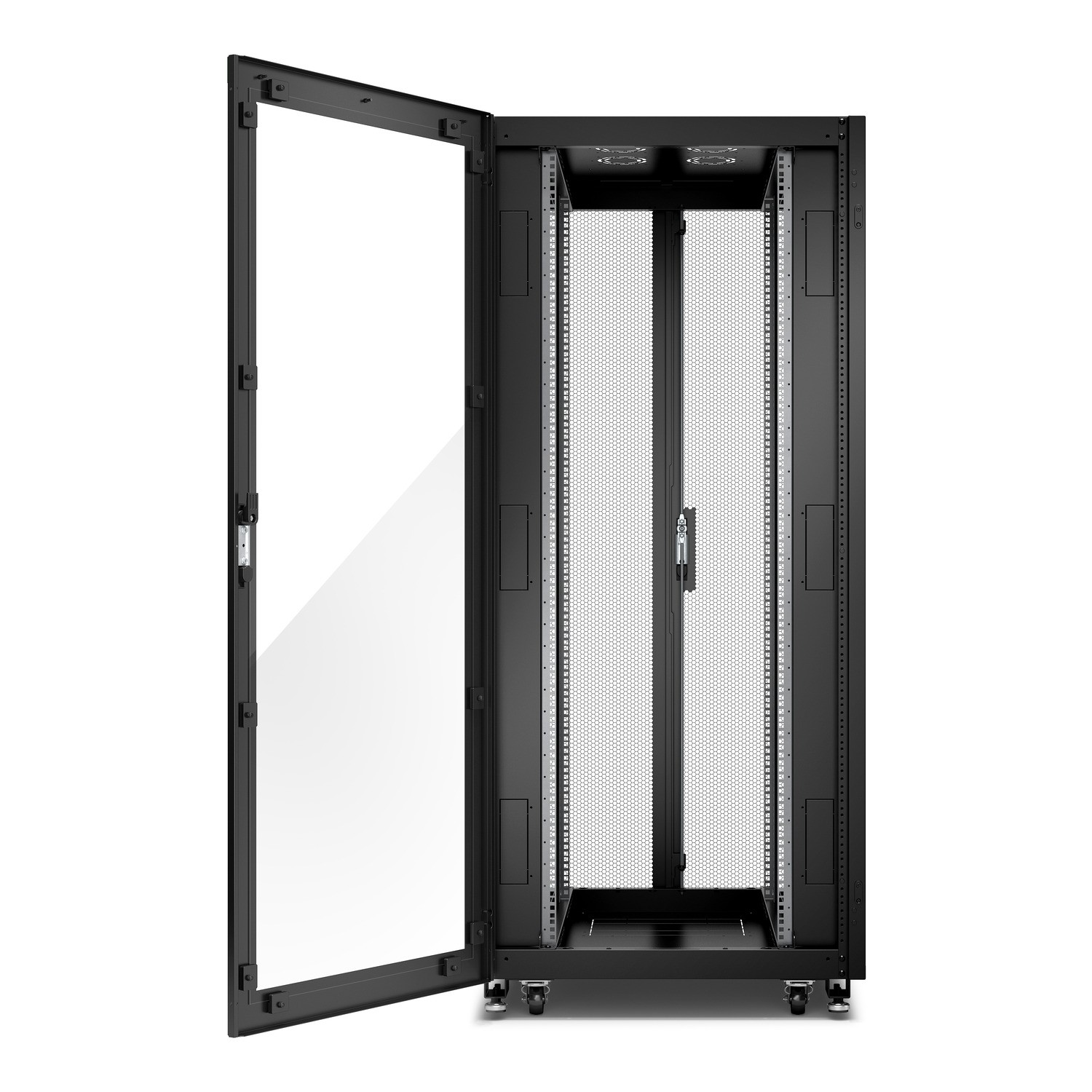Schneider GO Rack 36U, Siyah, Cam kapılı, Tavanlı, Tekerlekli, 4 Braketli, Yan Panel ve Alt, 1835H x 800W x 1000D mm