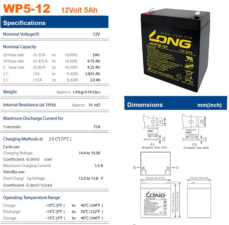 LONG WP5-12 12Volt 5Ah Kuru Tip Akü