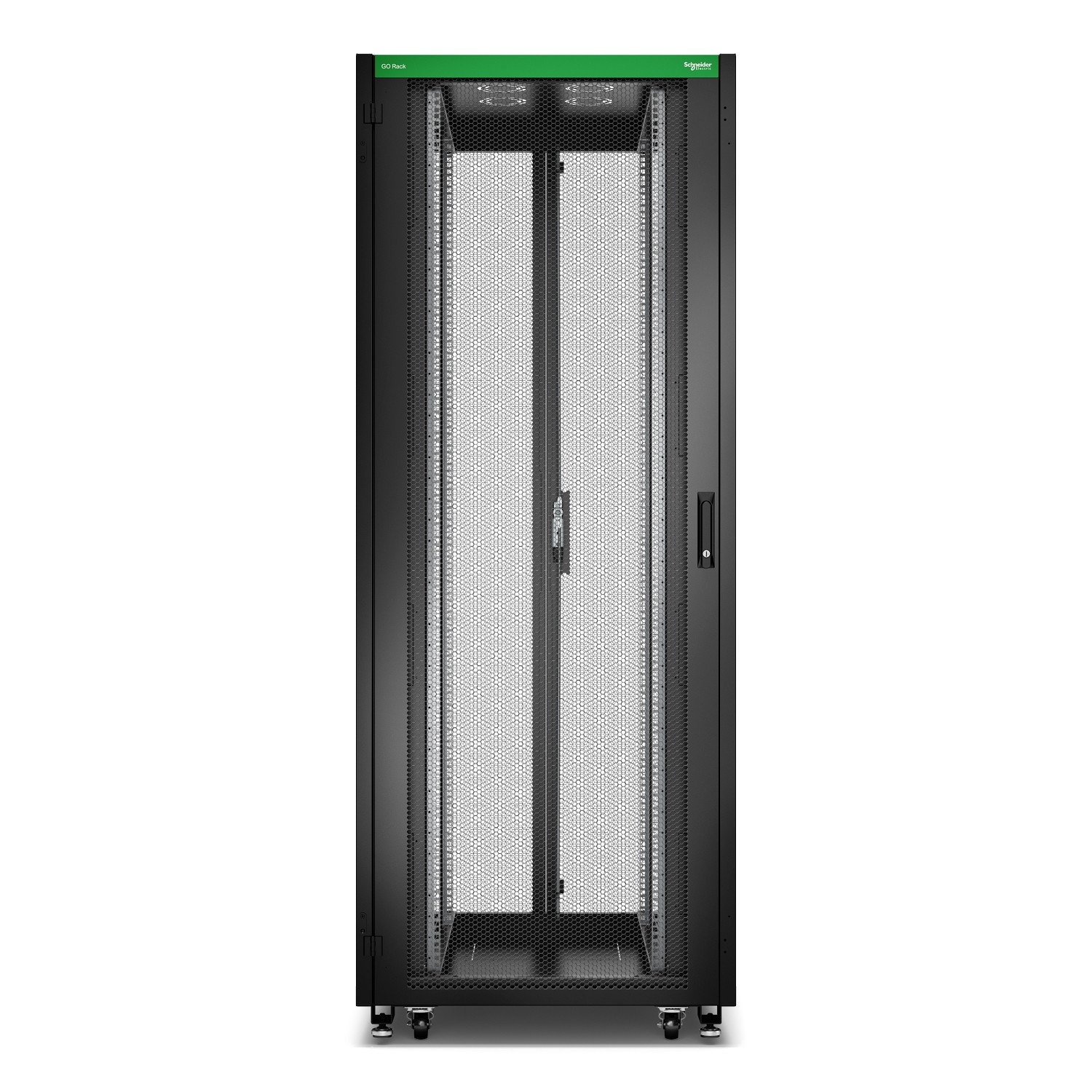 Schneider GO Rack 42U Siyah Delikli kapaklı Tavan Tekerlekler 4 Braket Yan Panel ve Alt 2100H x 800W x 1000D mm