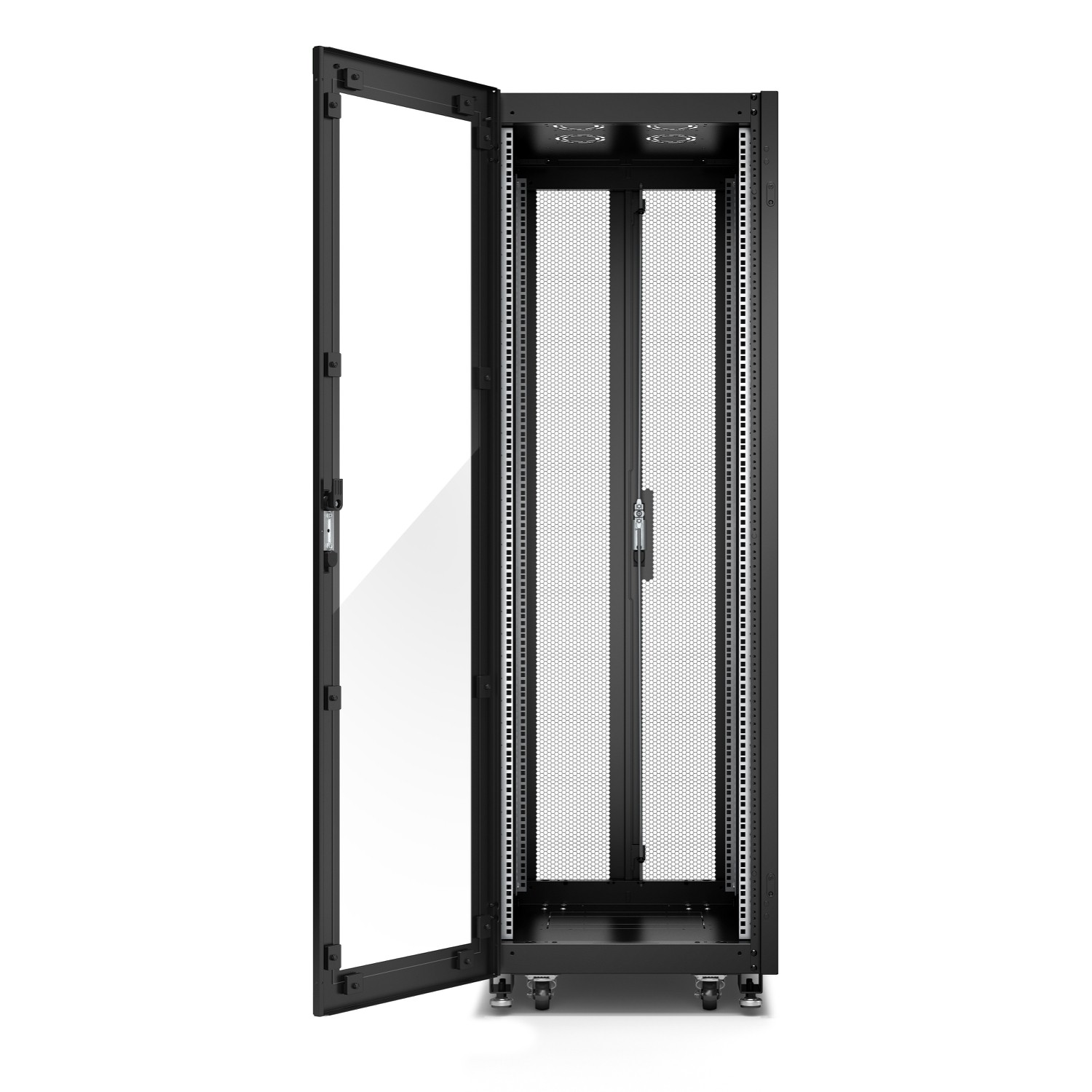 Schneider GO Rack 36U, Siyah, Cam kapılı, Tavanlı, Tekerlekli, 4 Braketli, Yan Panel ve Alt, 1835H x 600W x 1000D mm