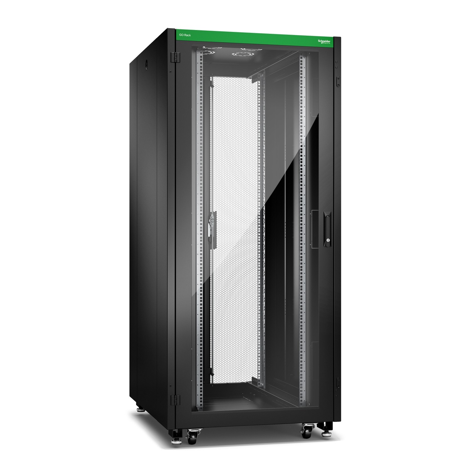 Schneider GO Rack 36U, Siyah, Cam kapılı, Tavanlı, Tekerlekli, 4 Braketli, Yan Panel ve Alt, 1835H x 800W x 1000D mm