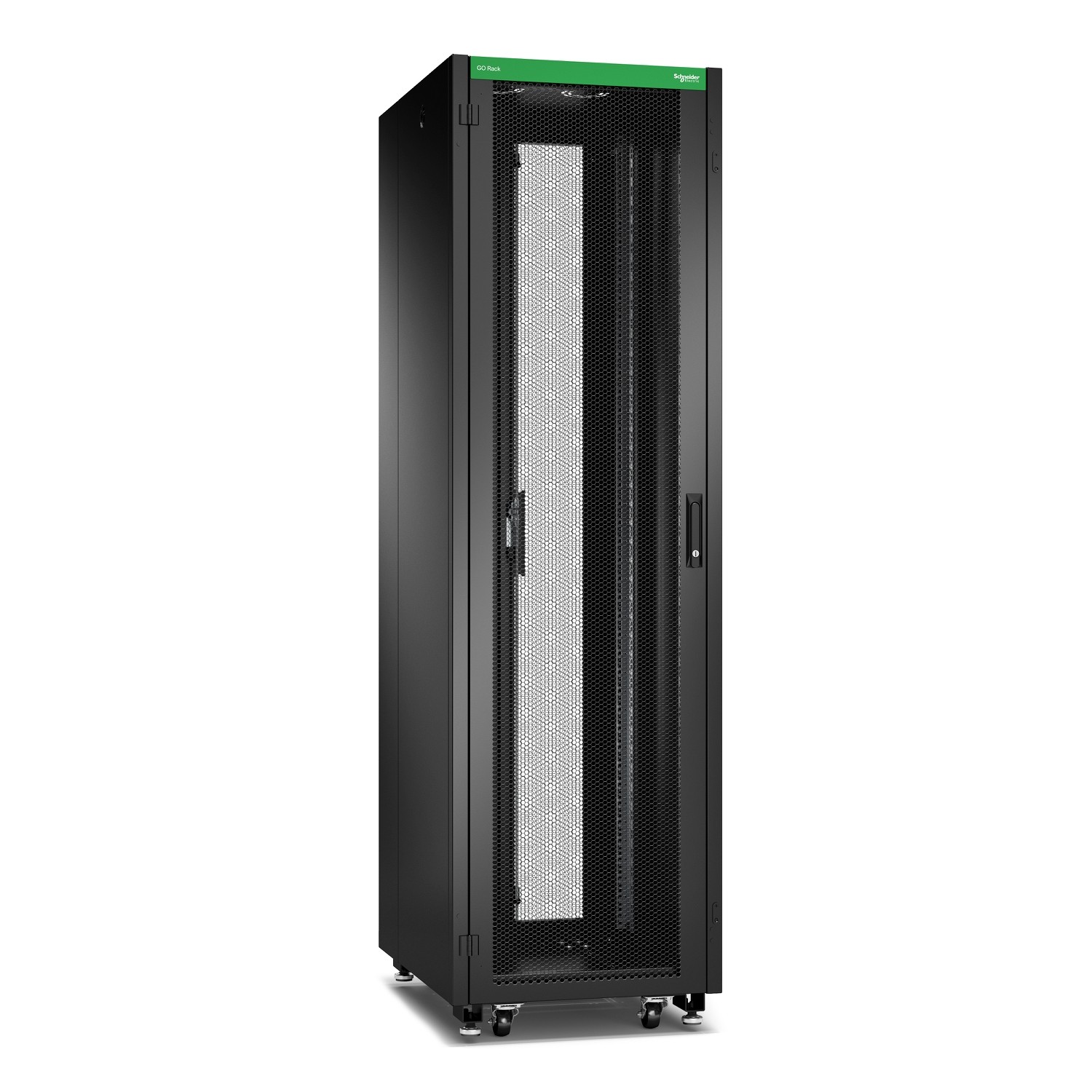 Schneider GO Rack 42U Siyah Delikli kapaklı Tavan Tekerlekler 4 Braket Yan Panel ve Alt 2100H x 600W x 800D mm