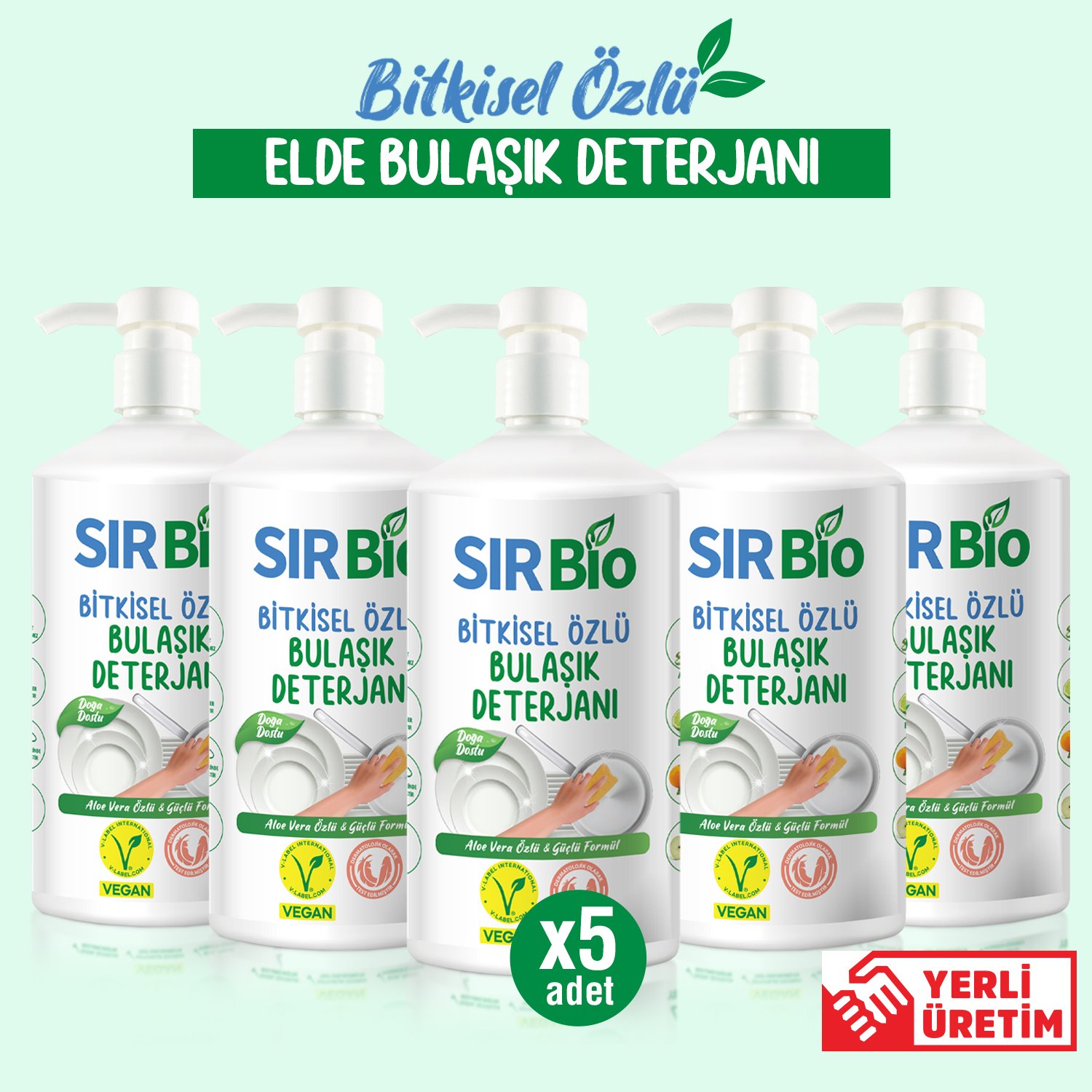 Sır Bio Bitkisel Özlü Elde Bulaşık Deterjanı 1000 ml Pompalı Şişe 5'li