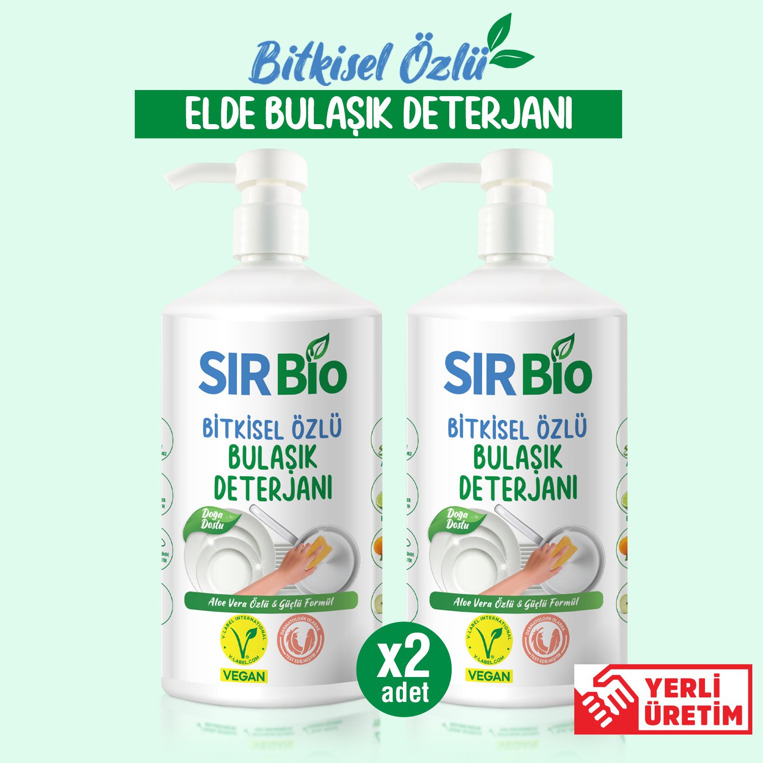 Sır Bio Bitkisel Özlü Elde Bulaşık Deterjanı 1000 ml Pompalı Şişe 2'li