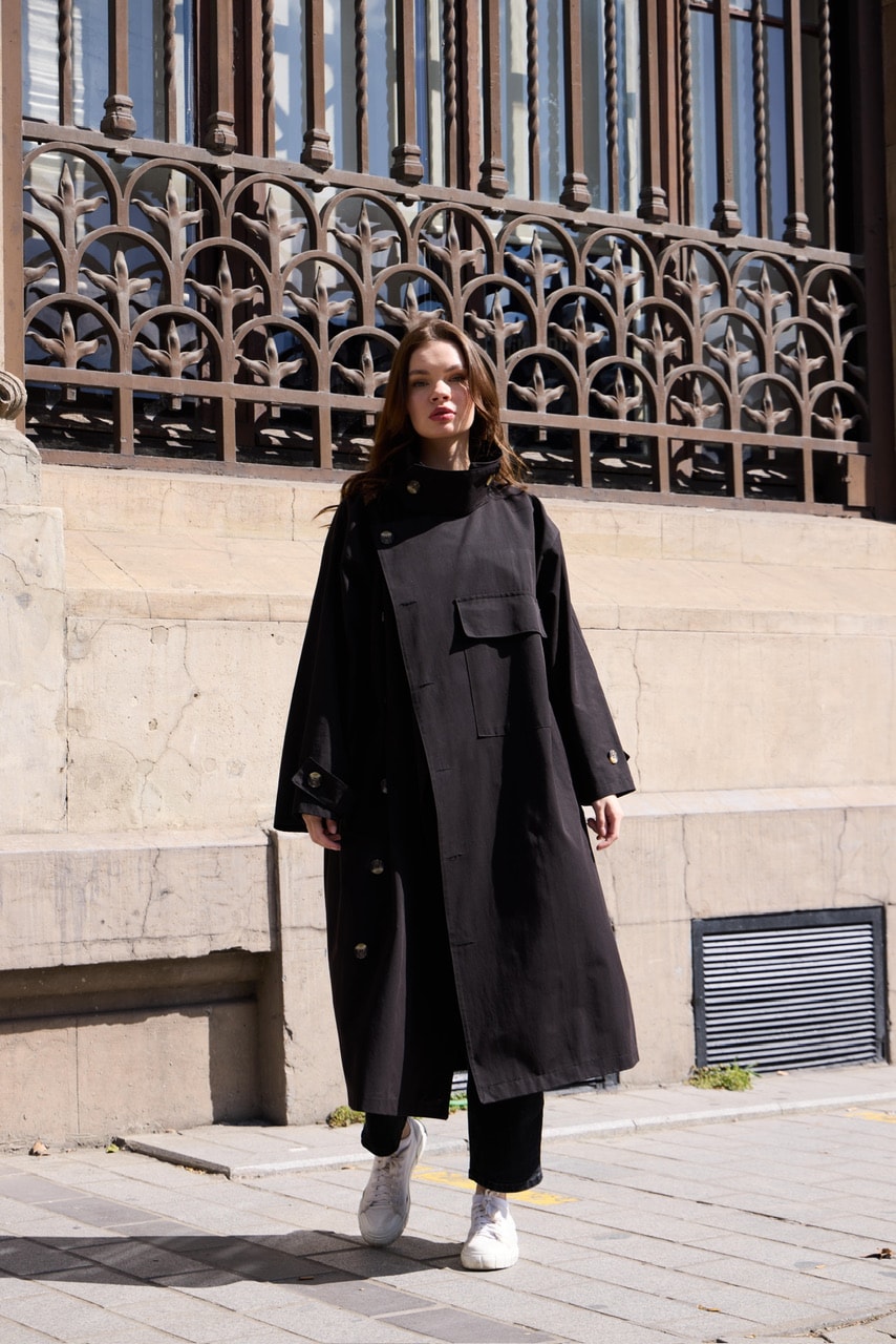 0019 Tek cep stil trençh - Siyah