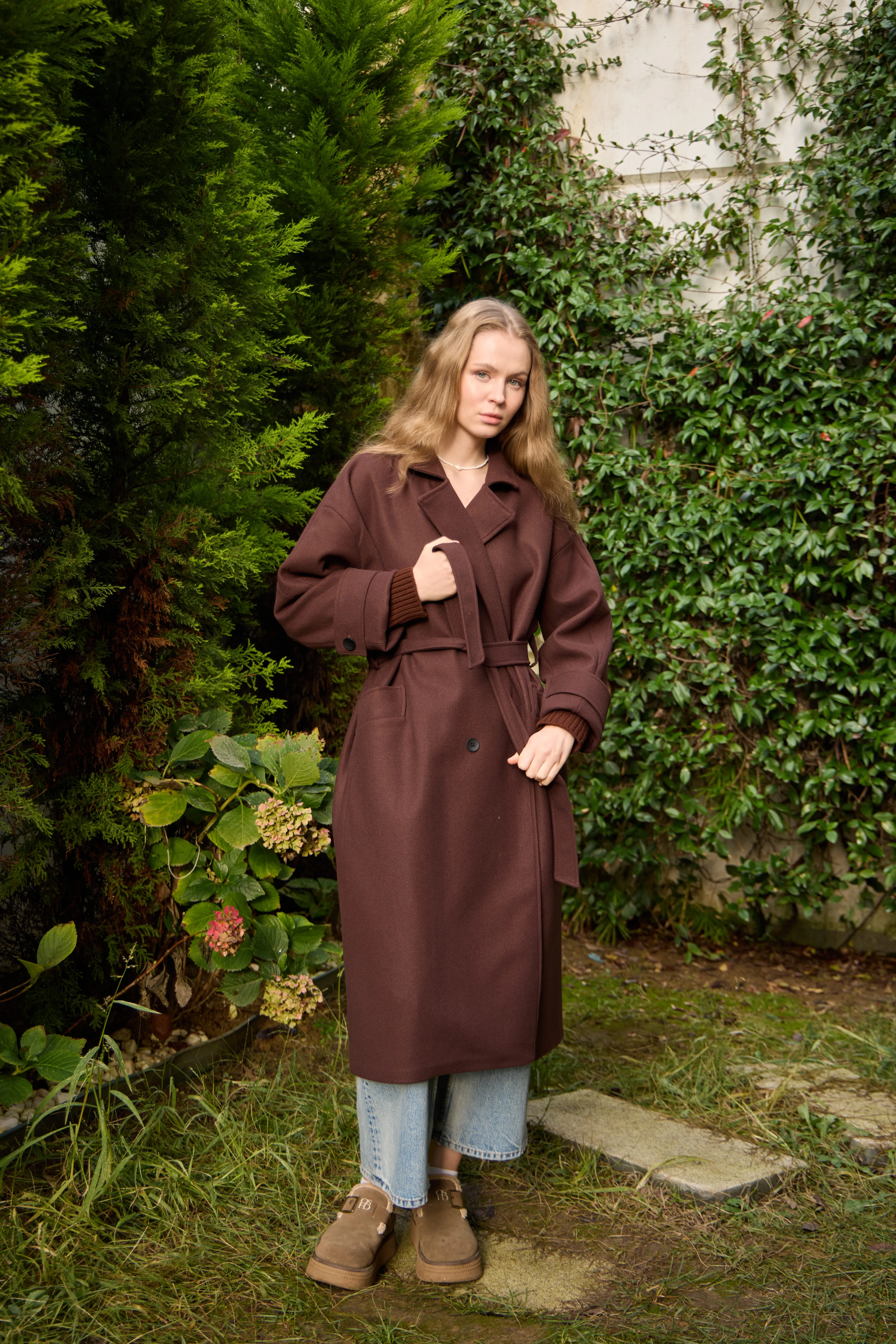 0025 premium kaşe kaban kolları triko detaylı - Kahverengi