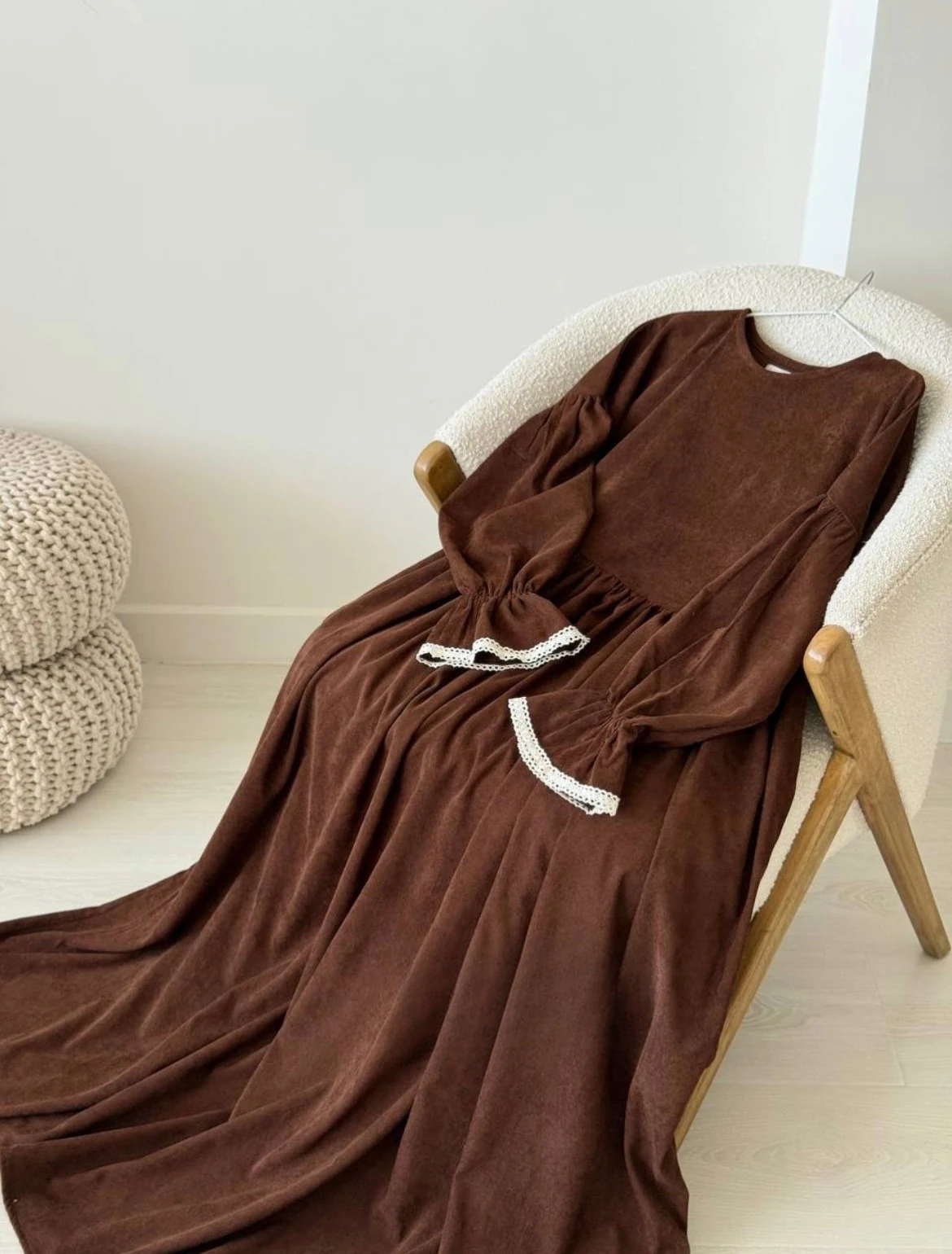 0028 kolu dantelli elbise - Kahverengi