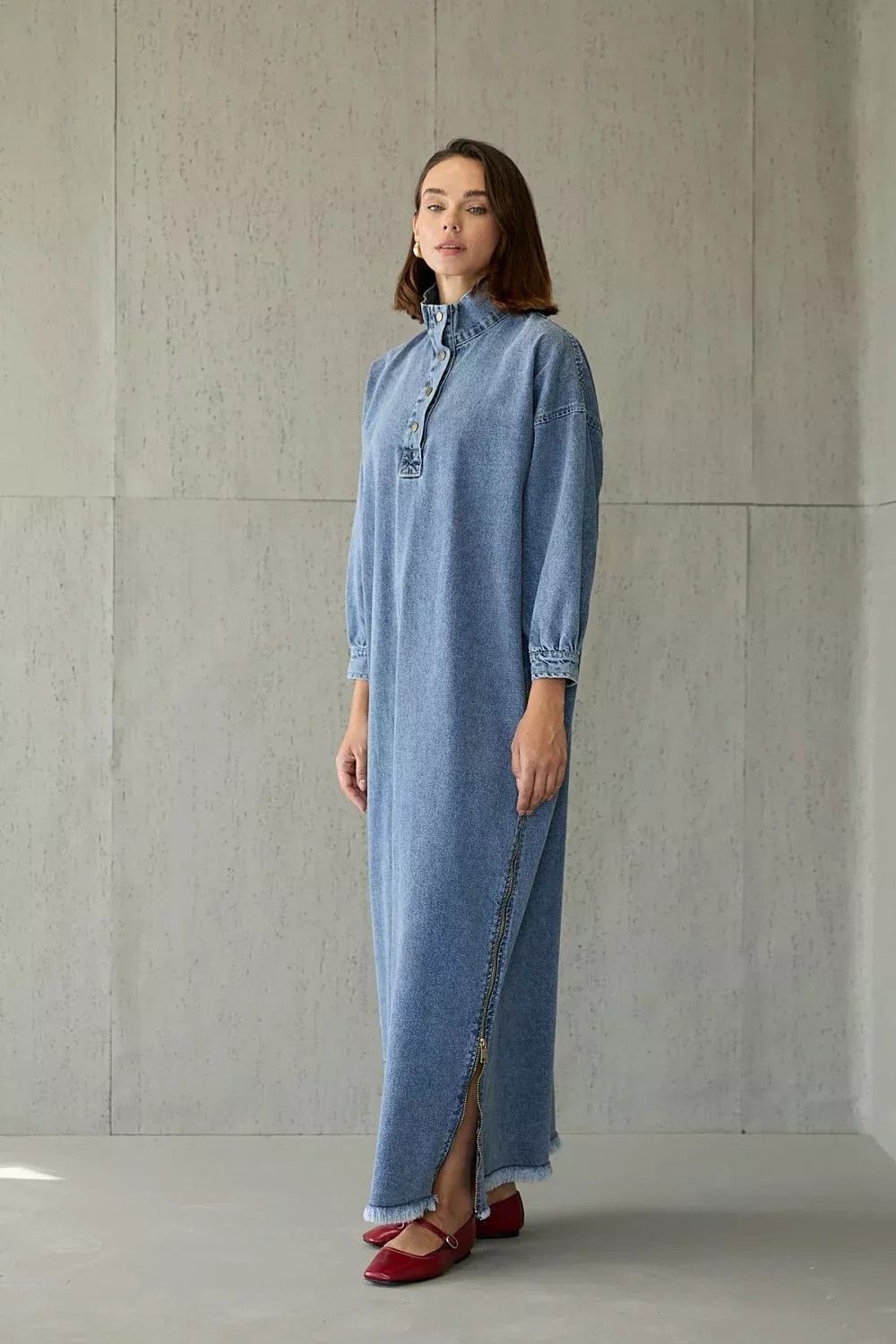 1005 Yan Fermuarlı Denim Elbise