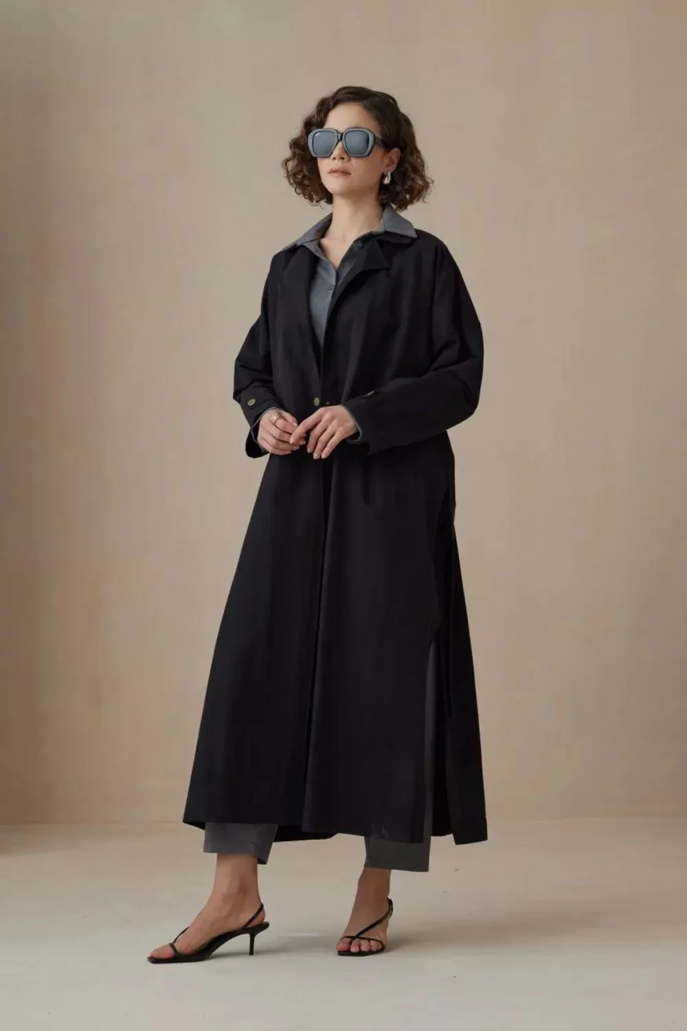 1021 Tek Çıt Trençkot - Siyah