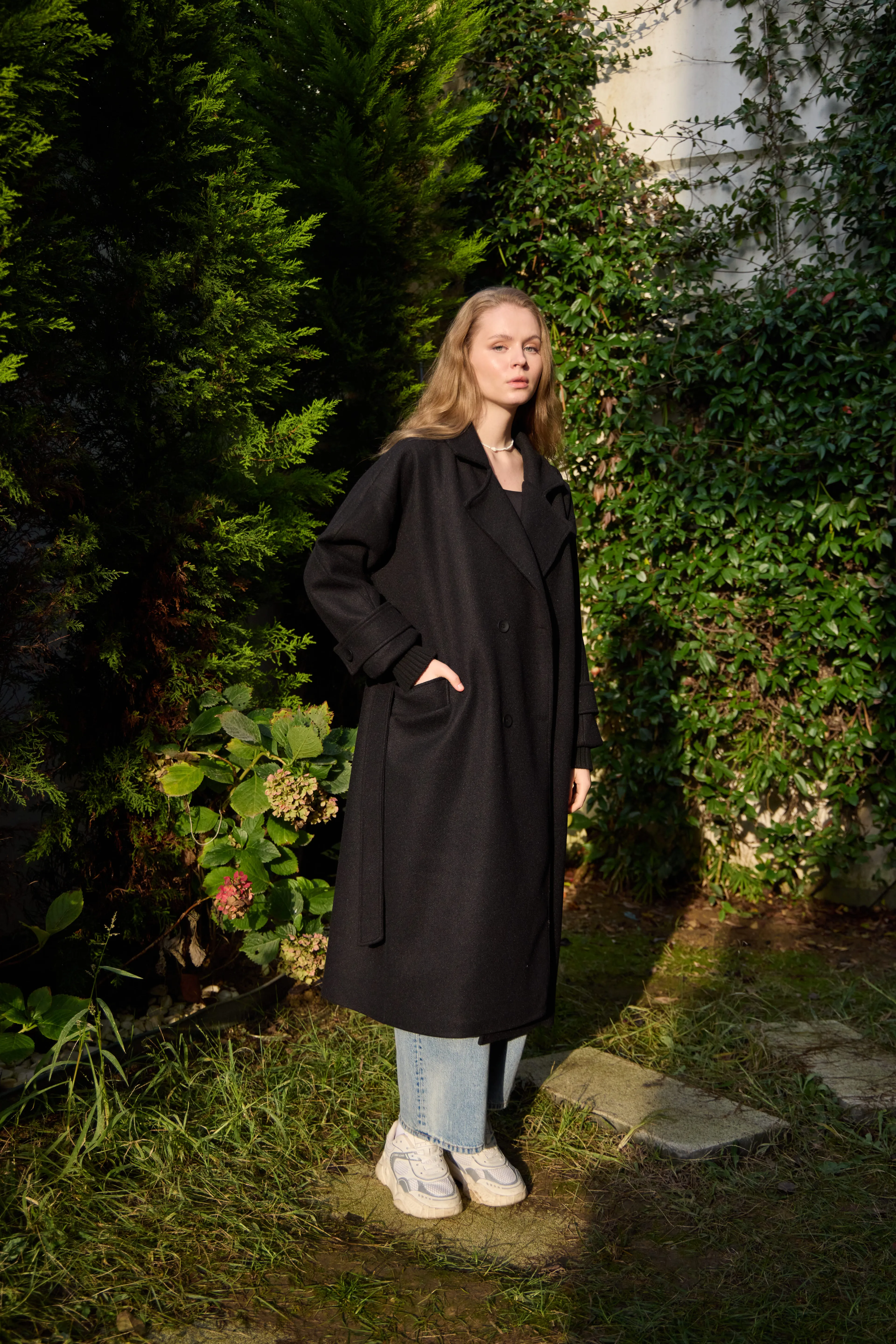 0025 premium kaşe kaban kolları triko detaylı - Siyah