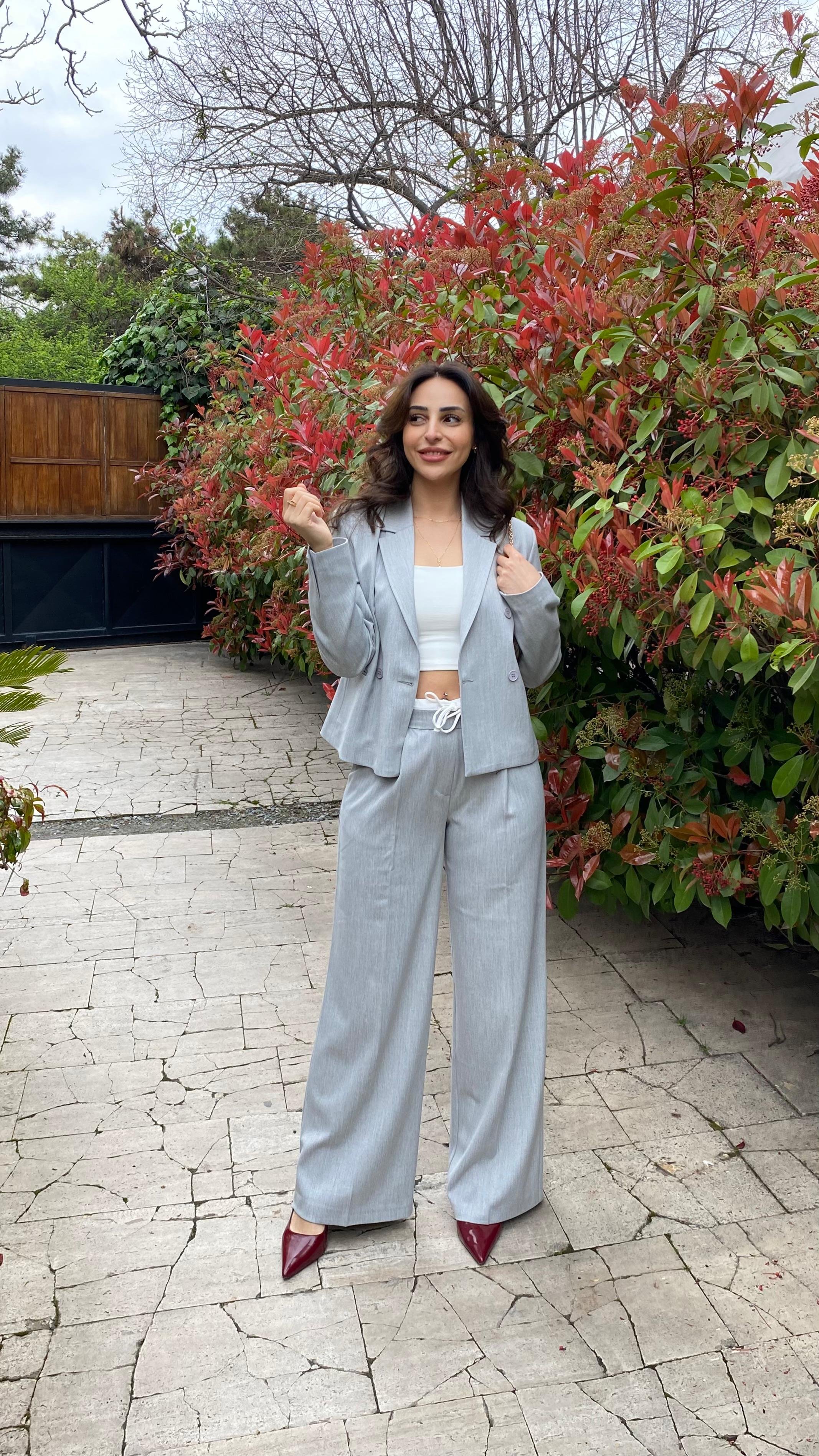 ÇİFT BEL BANTLI WİDE LEG PANTOLON CEKET TAKIM