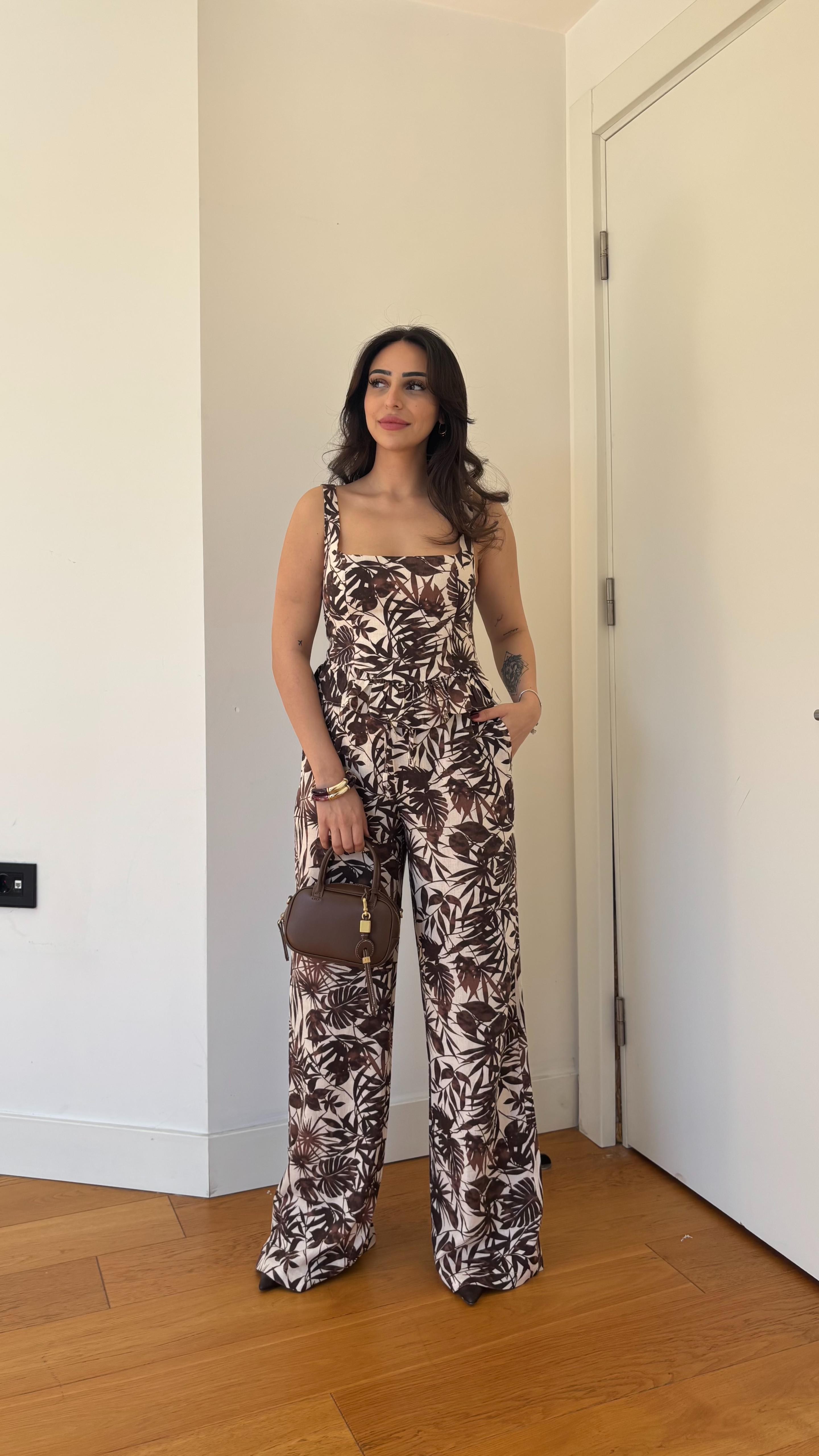 VİSKON KETEN KARIŞIMLI FLORAL DESENLİ GENİŞ PAÇA TAKIM 