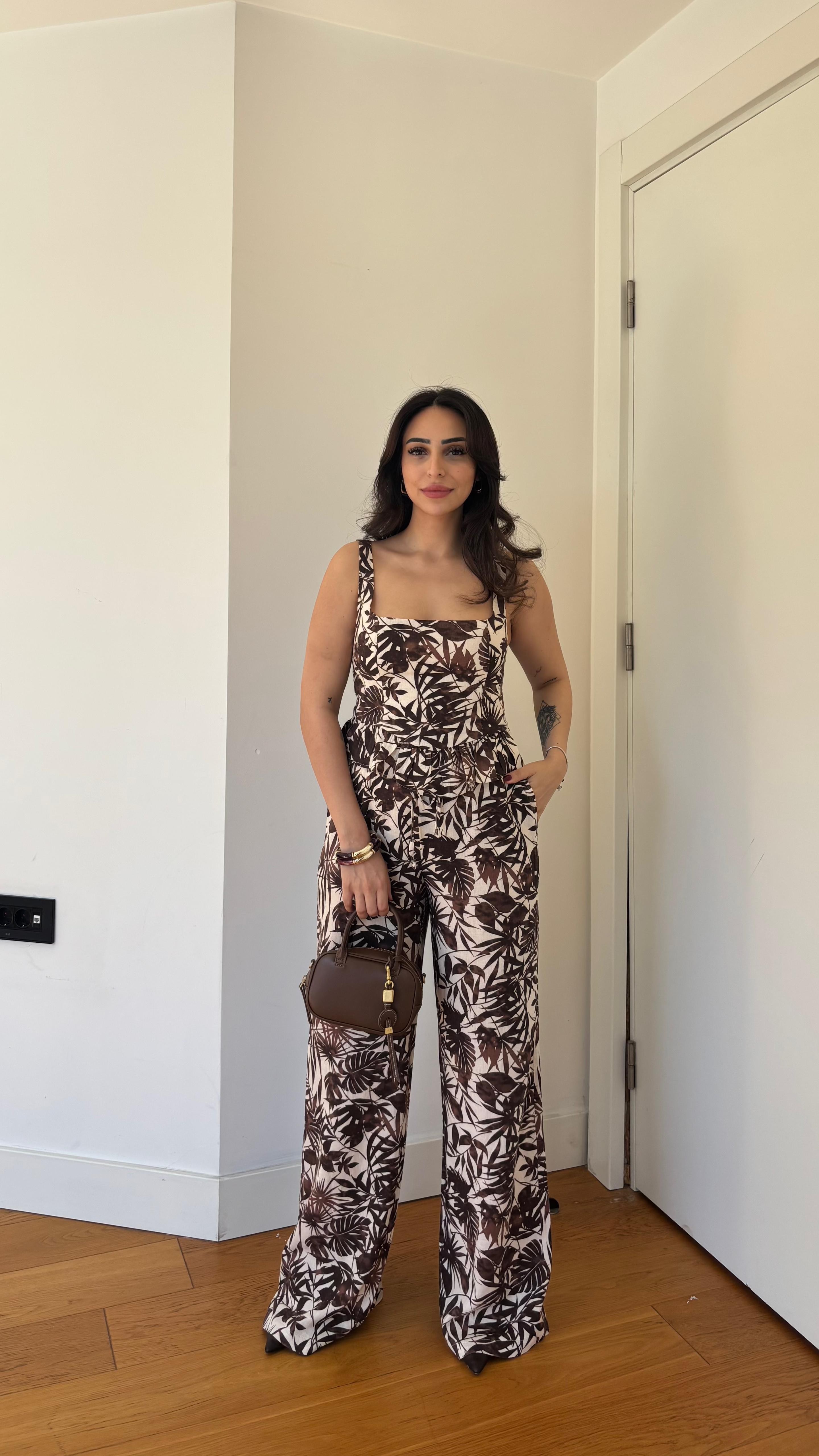 VİSKON KETEN KARIŞIMLI FLORAL DESENLİ GENİŞ PAÇA TAKIM 