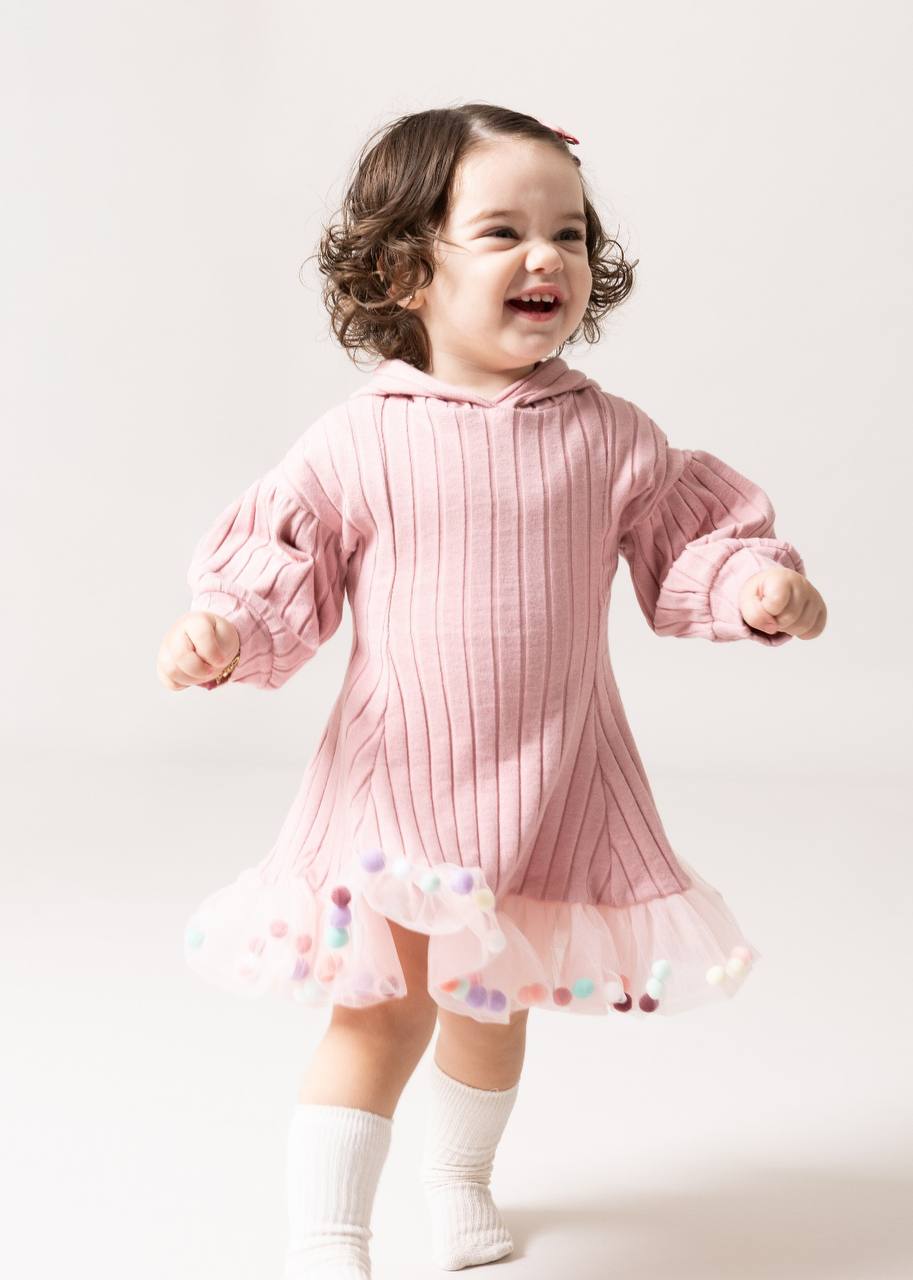 CANDY PONPONLU PUFF ELBİSE - pudra