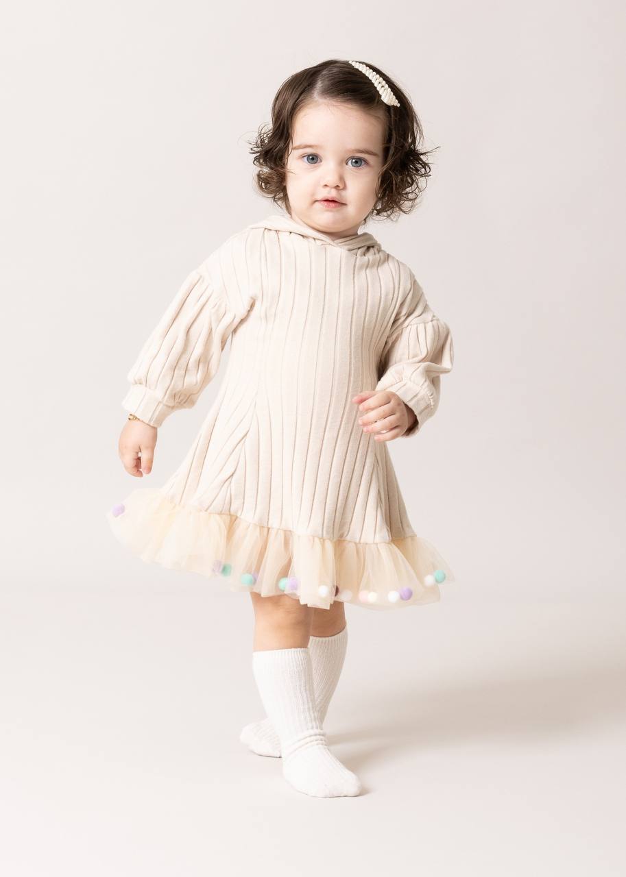 CANDY PONPONLU PUFF ELBİSE - ekru