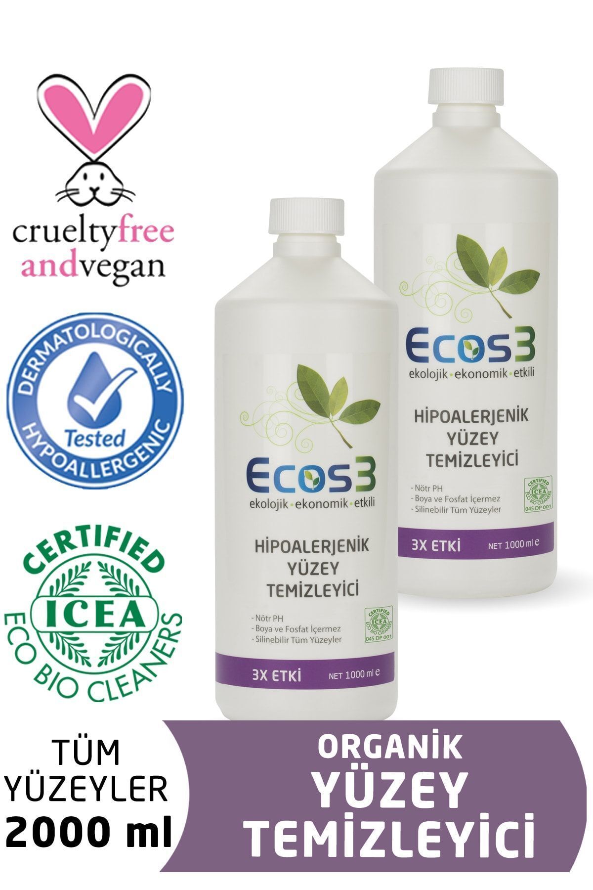 ECOS3 ORGANİK &  HİPOALERJENİK YÜZEY TEMİZLEYİCİ (1000 ML) x 2 Adet
