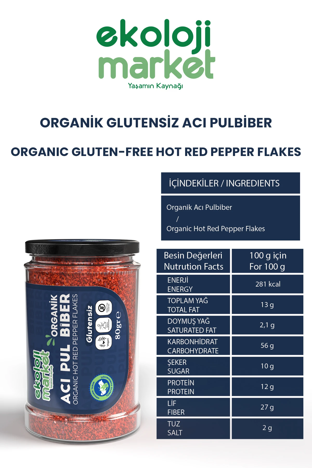 Organik Glutensiz Acı Pulbiber 80 Gr x 2 Adet