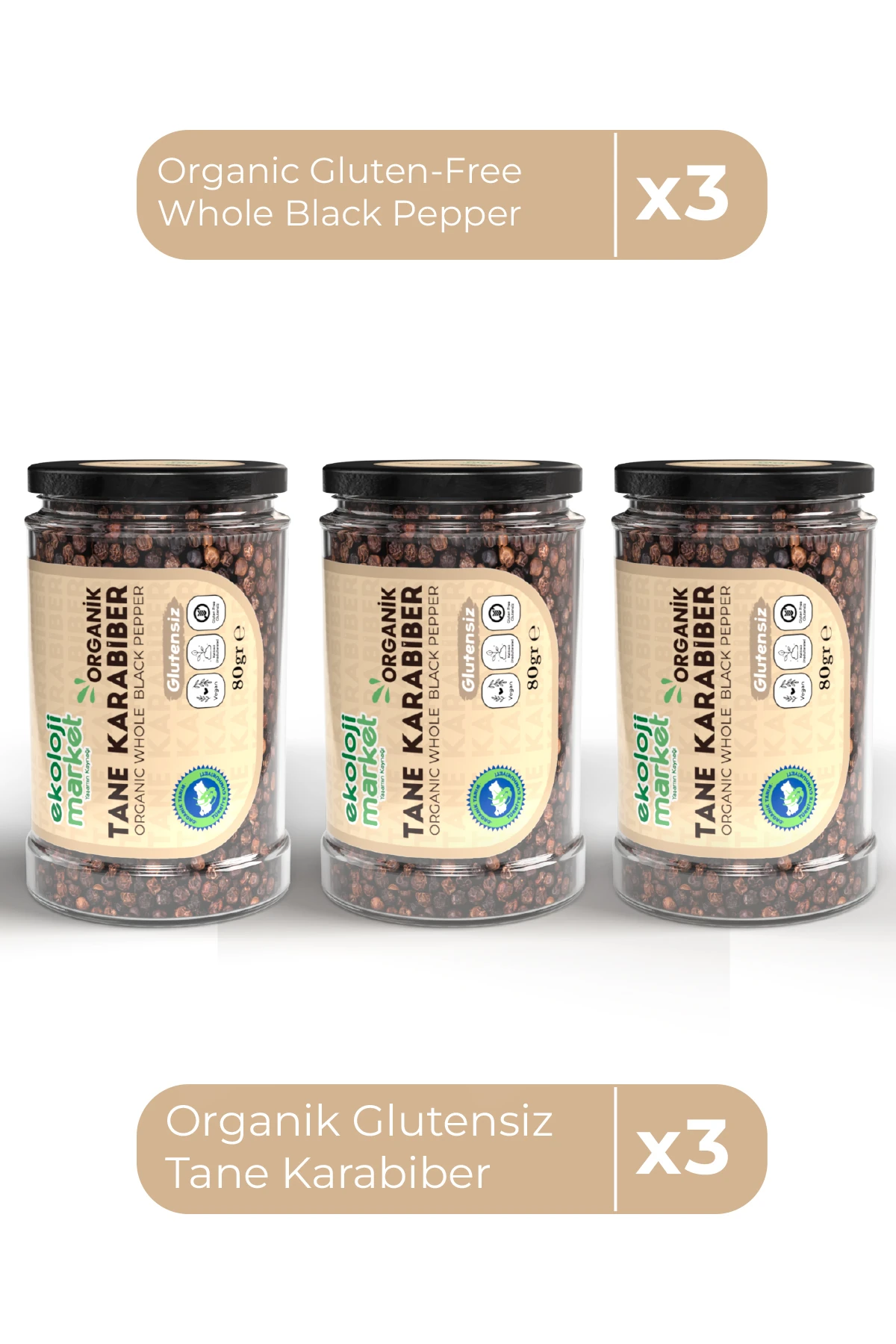 Organik Glutensiz Tane Karabiber 80 Gr x 3 Adet