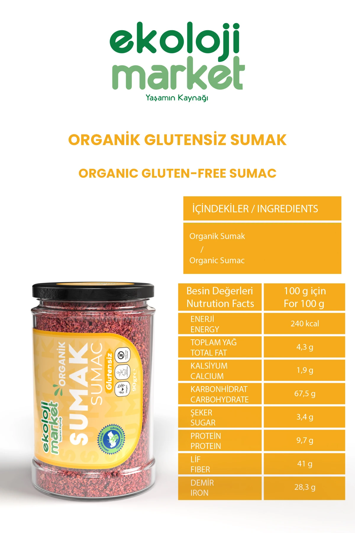 Organik Glutensiz Sumak 90 Gr x 3 Adet