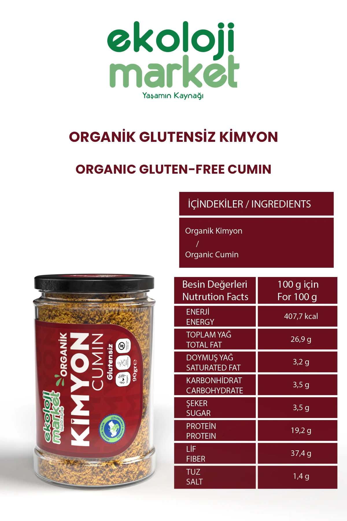 Organik Glutensiz Kimyon 90 Gr x 2 Adet