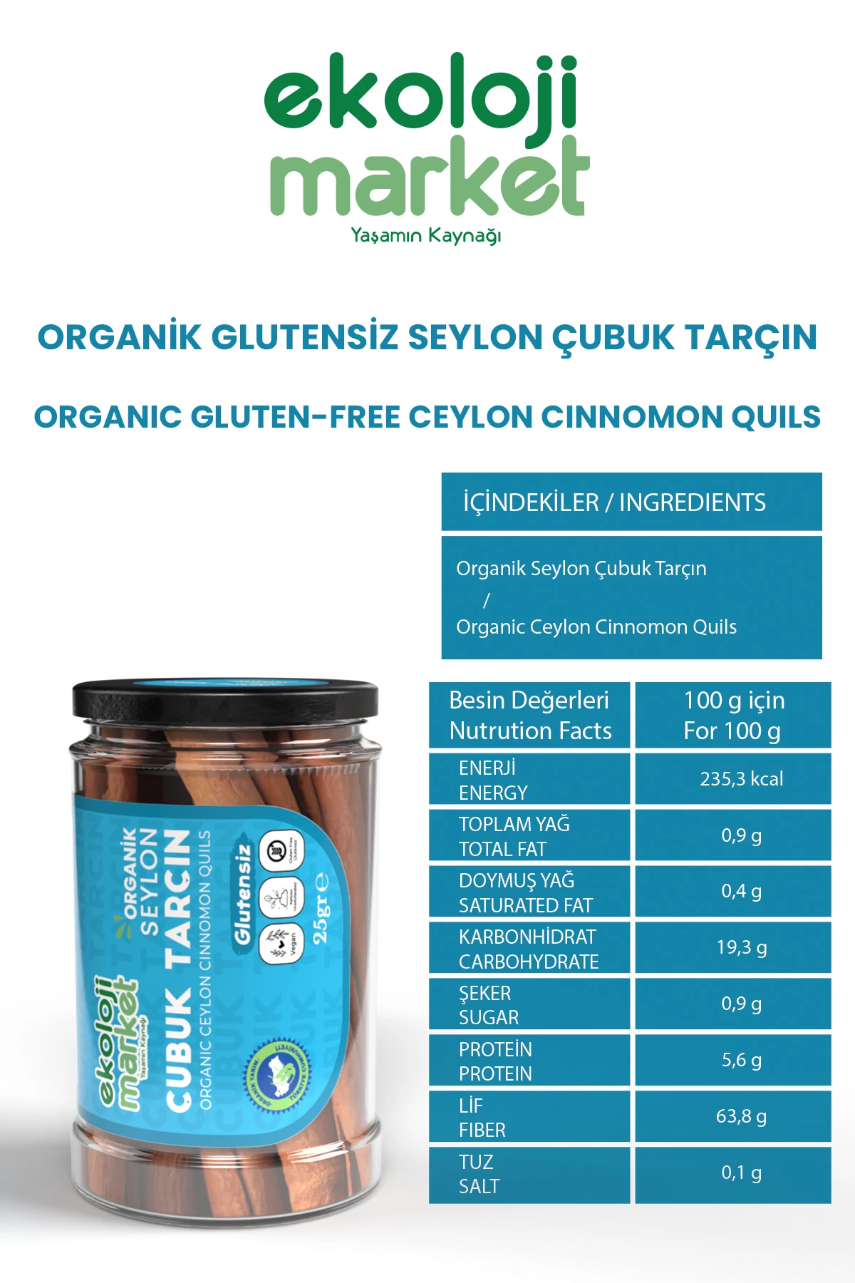 Organik Glutensiz Seylon Çubuk Tarçın 25 Gr x 3 Adet