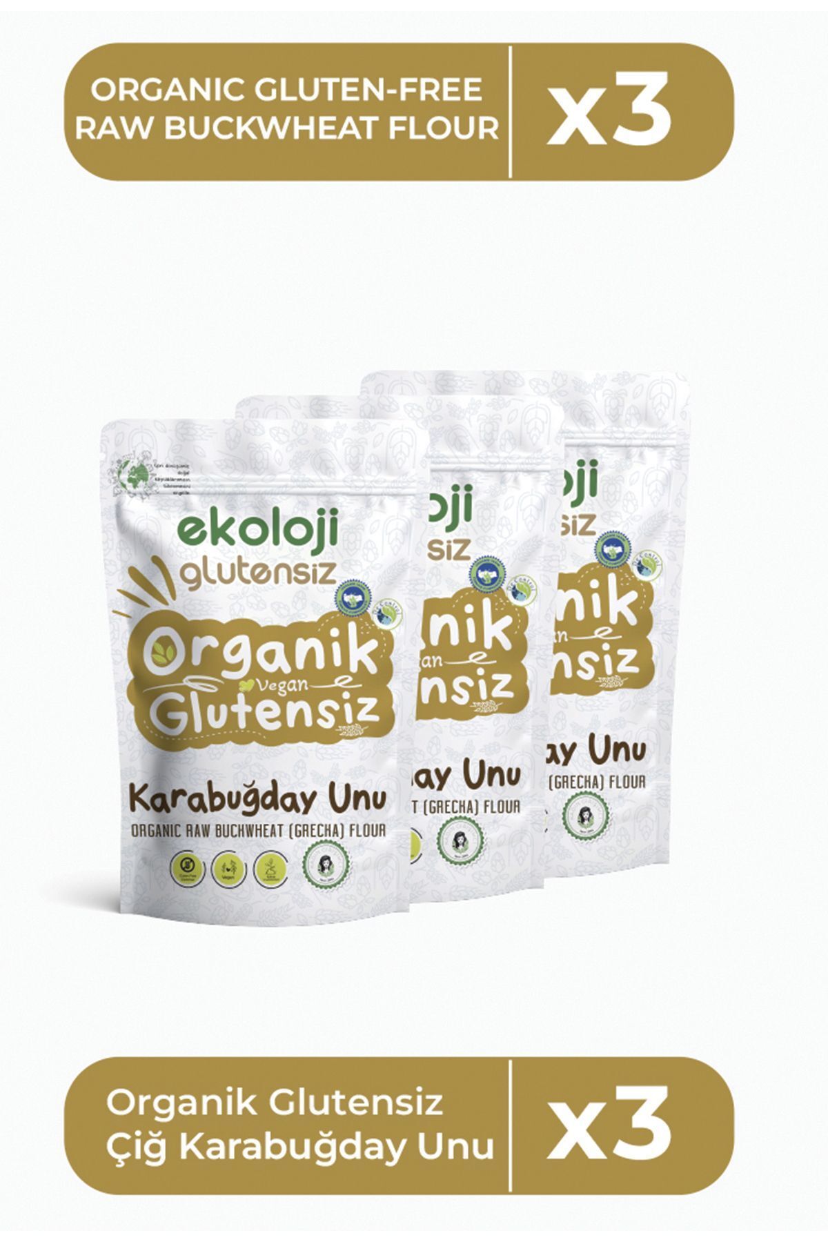 Organik Glutensiz Çiğ Karabuğday Unu 500Gr x 3 Adet