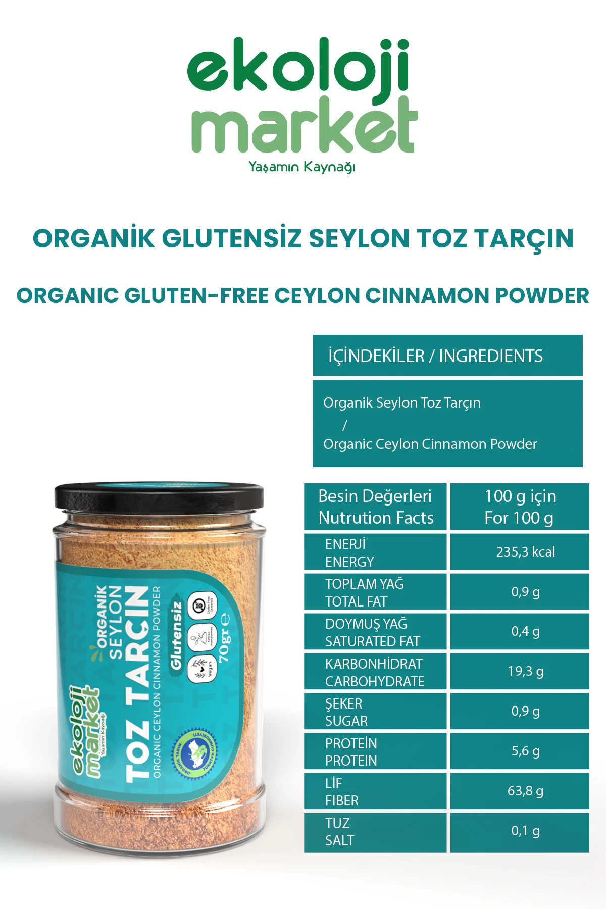 Organik Glutensiz Seylon Toz Tarçın 70 Gr x 3 Adet