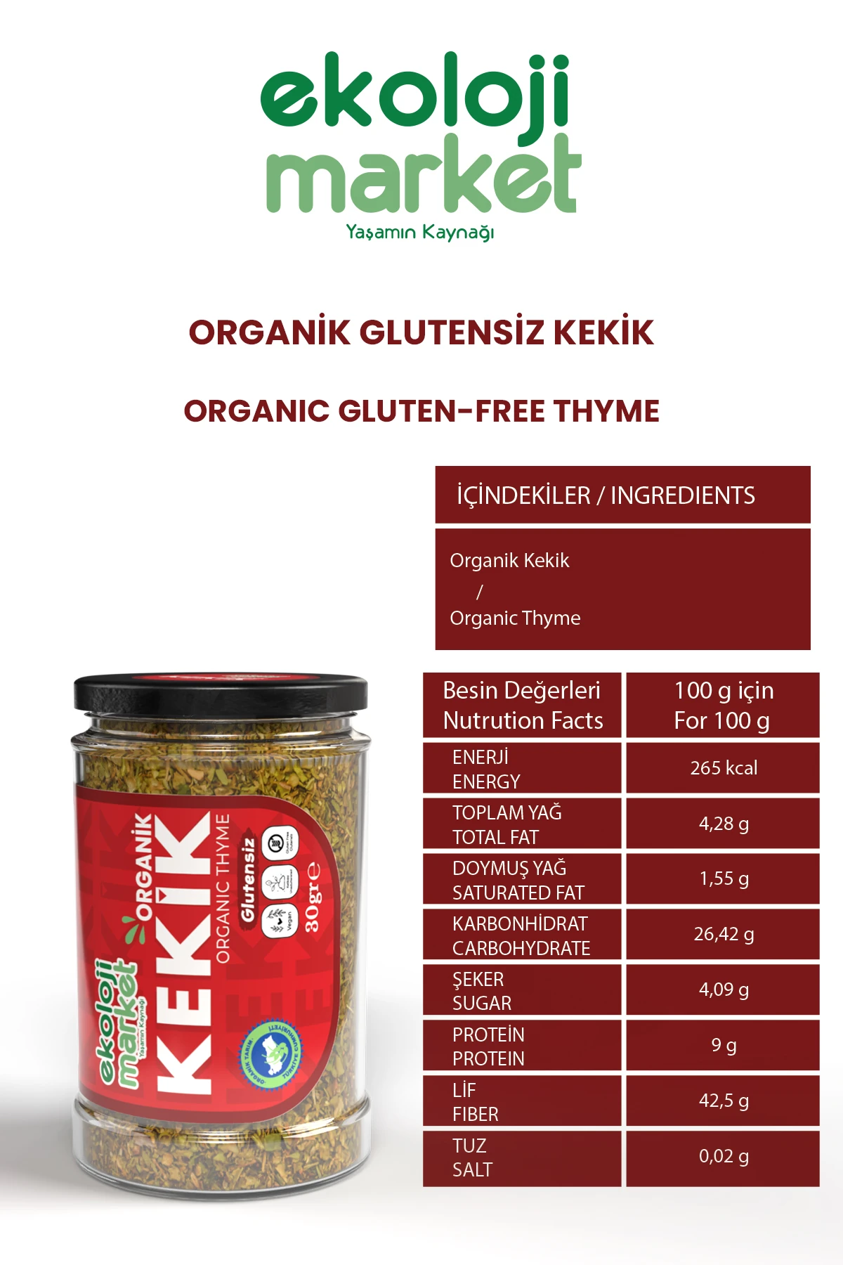Organik Glutensiz Kekik 30 Gr x 3 Adet