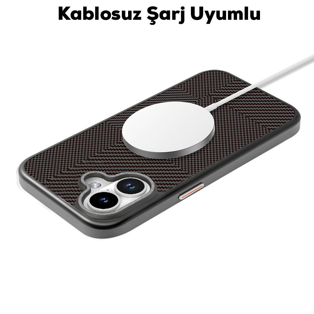 iPhone 16 Kılıf Magsafe Şarj Özellikli Karbon Fiber Desenli Mutural Montage Kılıf