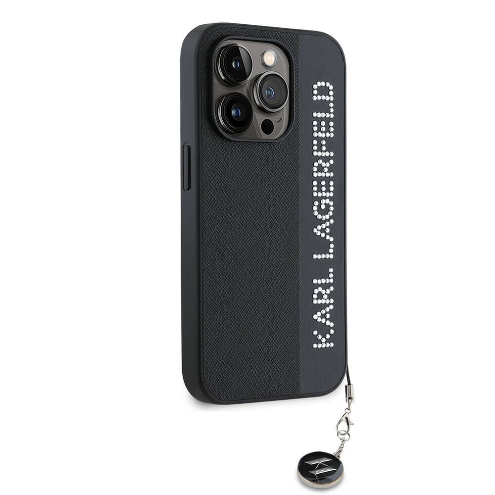 iPhone 15 Pro Kılıf Karl Lagerfeld Orjinal Lisanslı Anahtarlıklı Taşlı KL Yazılı Saffiano Rhinestones Kılıf