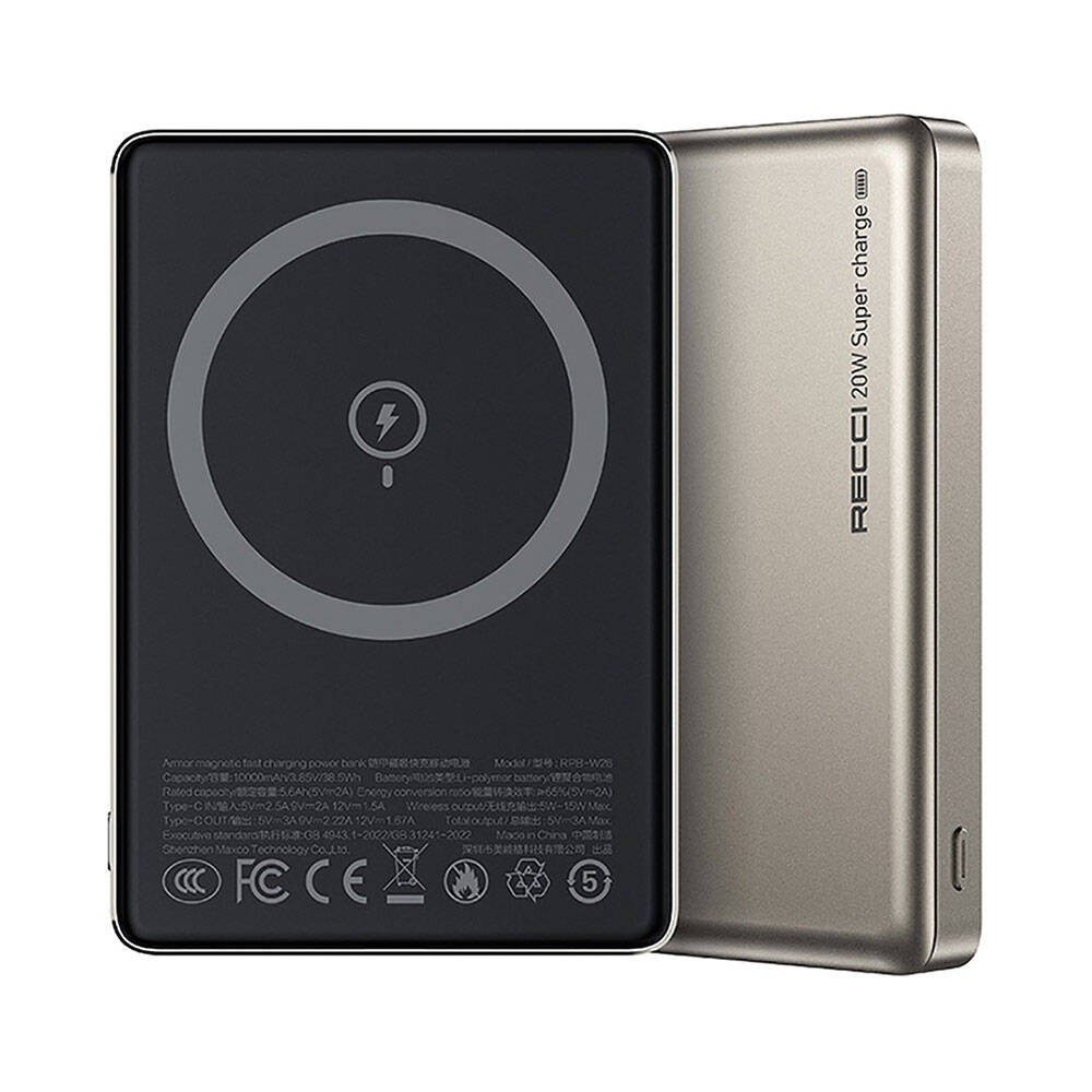 Recci RPB-W26 Armor Serisi Ultra İnce PD 20W Hızlı Şarj Özellikli Wireless Powerbank 15W 10000mAh