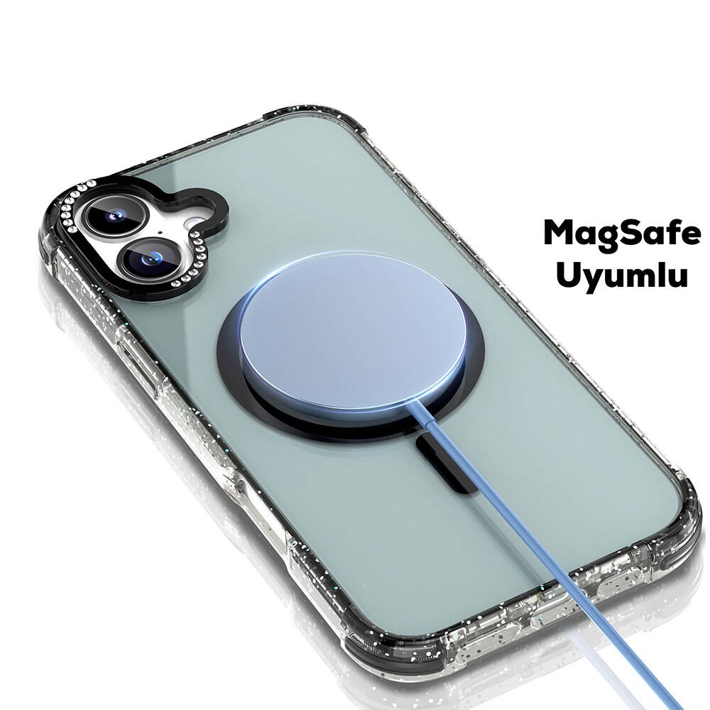 iPhone 16 Kılıf Magsafe Şarj Özellikli Taşlı ve Simli Tasarım Mutural Blink Kılıf