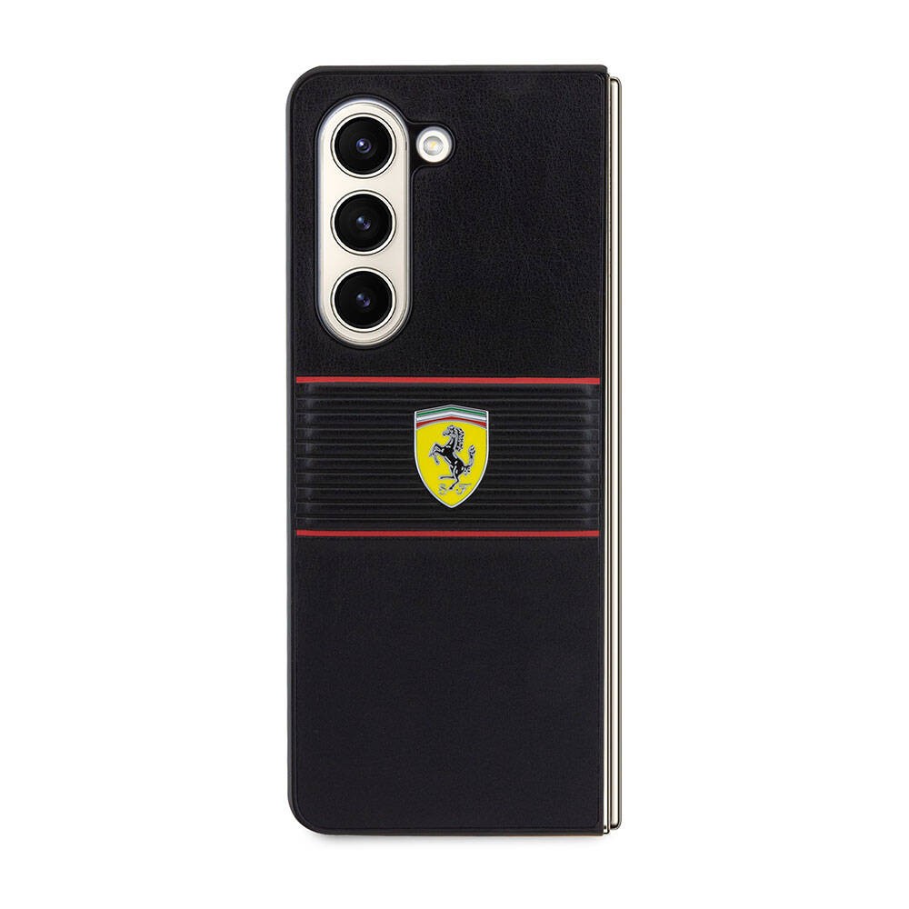 Galaxy Z Fold 5 Kılıf Ferrari Orjinal Lisanslı PU Deri Metal Logolu Multi Çizgili Kılıf