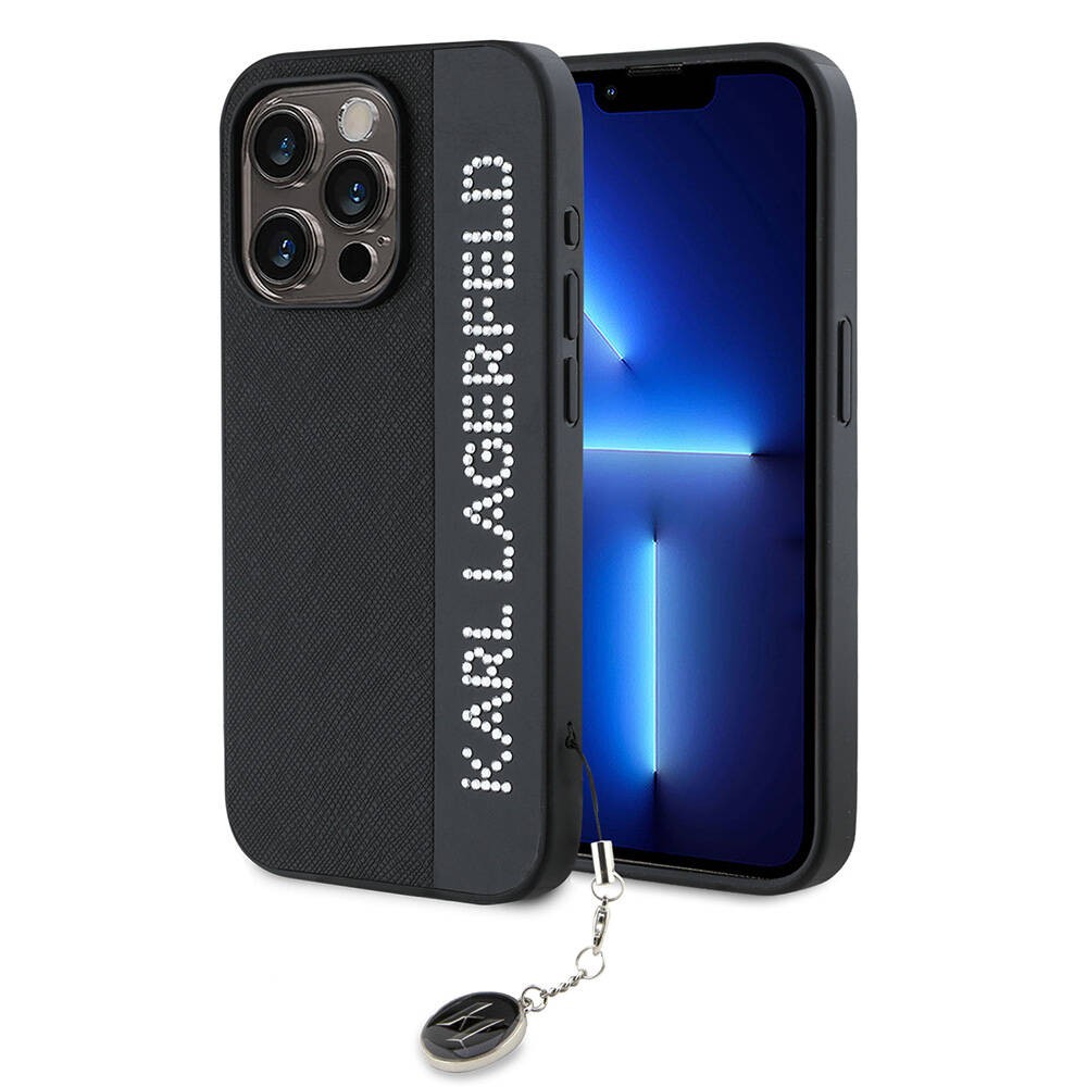 iPhone 15 Pro Kılıf Karl Lagerfeld Orjinal Lisanslı Anahtarlıklı Taşlı KL Yazılı Saffiano Rhinestones Kılıf