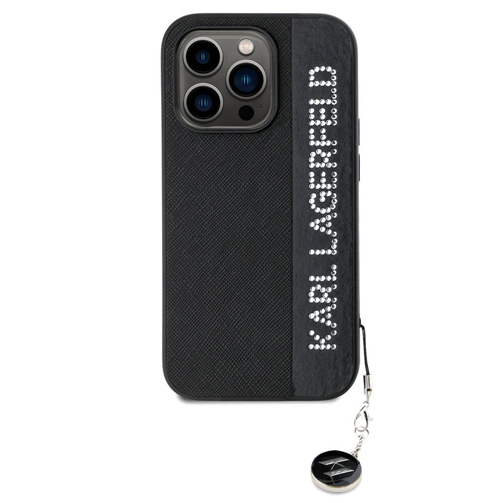 iPhone 14 Pro Max Kılıf Karl Lagerfeld Orjinal Lisanslı Anahtarlıklı Taşlı KL Yazılı Saffiano Rhinestones Kılıf