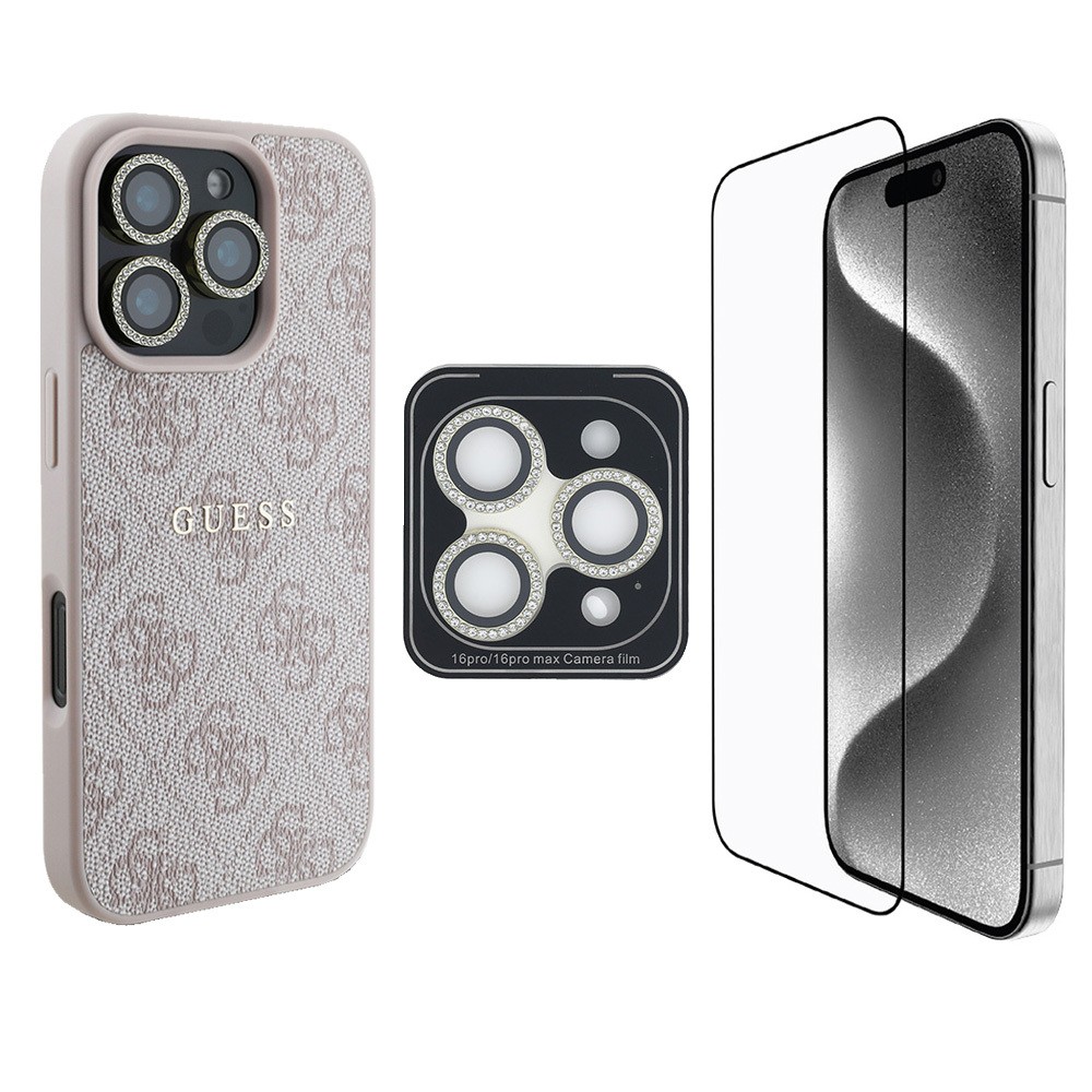 iPhone 16 Pro Max Guess Orjinal Lisanslı Kılıf + Ekran Koruyucu + Lens Koruyucu 3in1 Aksesuar Seti