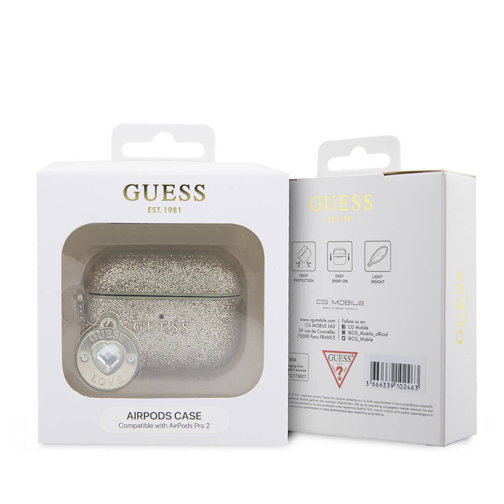 Airpods Pro 2 Kılıf Guess Orjinal Lisanslı Glitter Elmas Kalp Süs Zincirli Kılıf