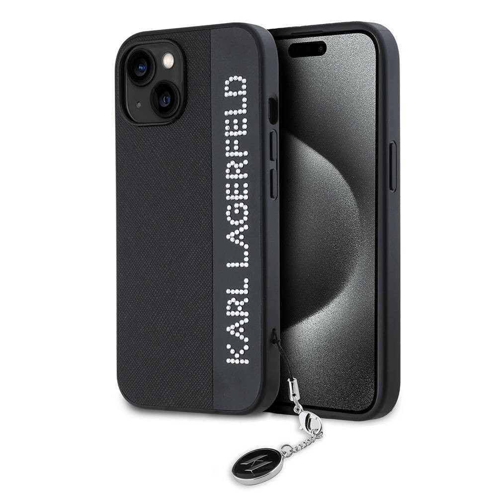 iPhone 14 Kılıf Karl Lagerfeld Orjinal Lisanslı Anahtarlıklı Taşlı KL Yazılı Saffiano Rhinestones Kılıf