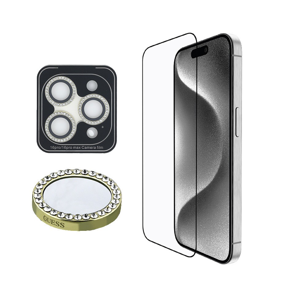 iPhone 16 Pro Max Guess Orjinal Lisanslı Rhinestone Ekran Koruyucu + Lens Koruyucu 2in1 Aksesuar Seti